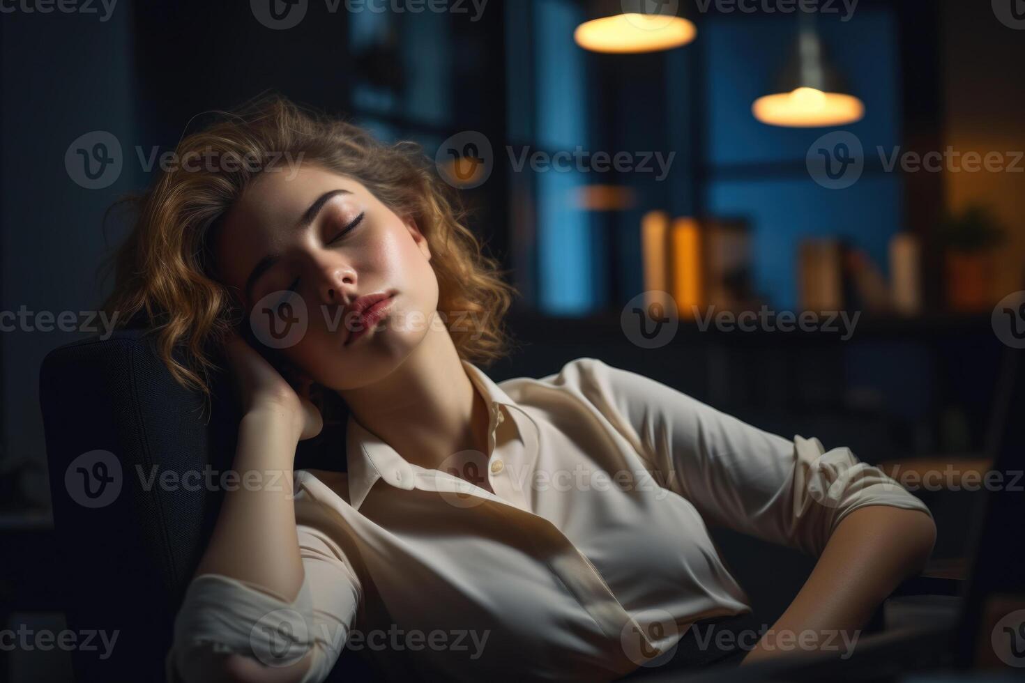ai généré épuisé femme endormi à une table après une longue journée photo