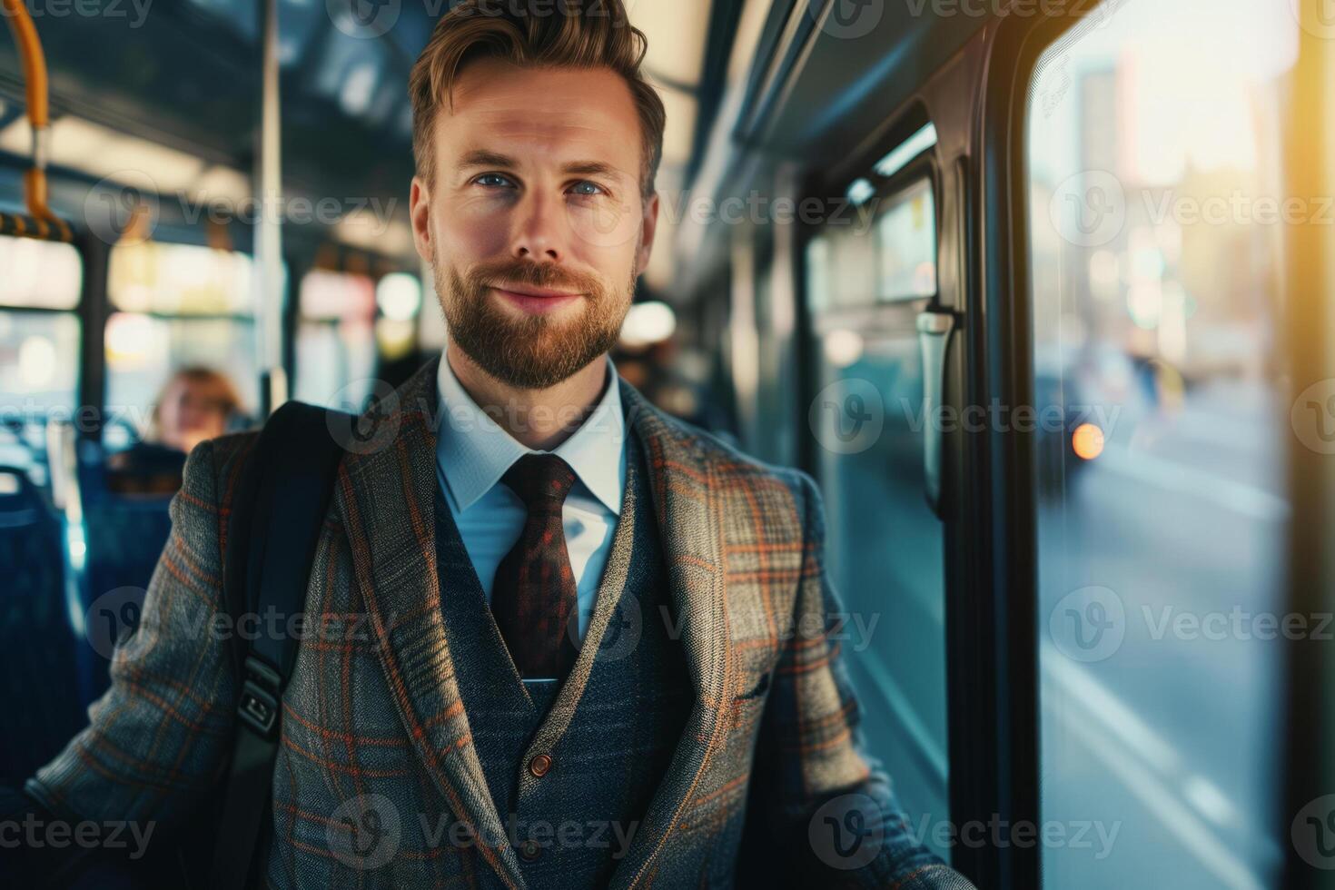 ai généré affaires homme monte autobus à travail photo