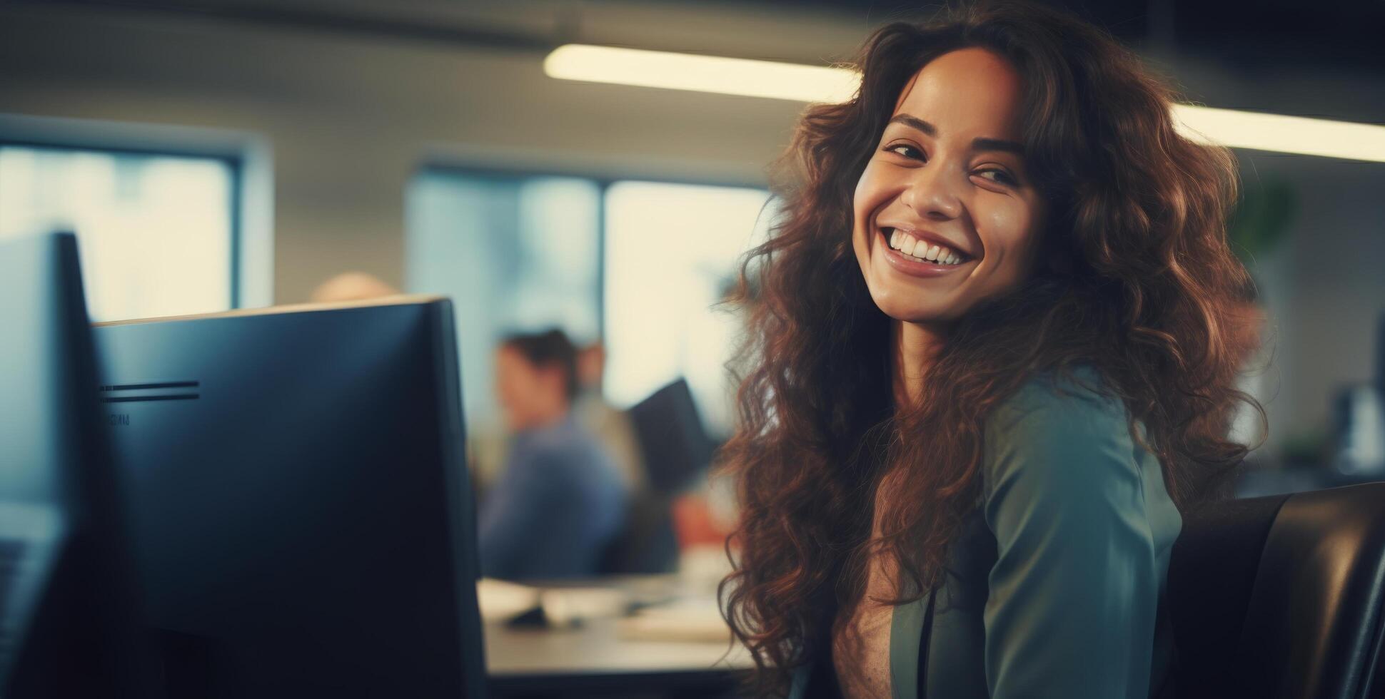 ai généré joyeux Bureau ouvrier souriant à écran à Bureau bureau photo