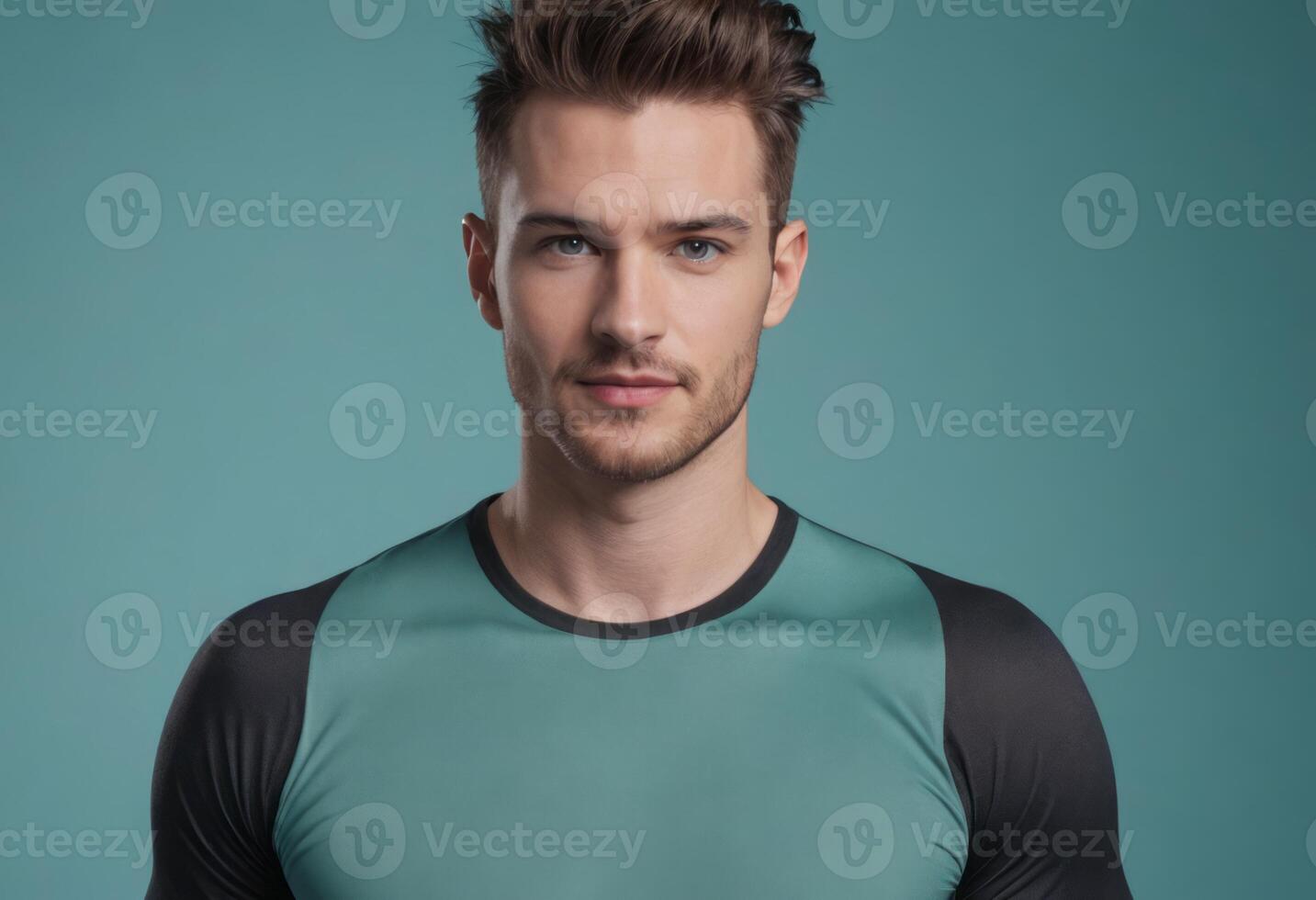 ai généré une homme avec stylé cheveux dans une deux tons des sports chemise à la recherche concentré et moderne. photo