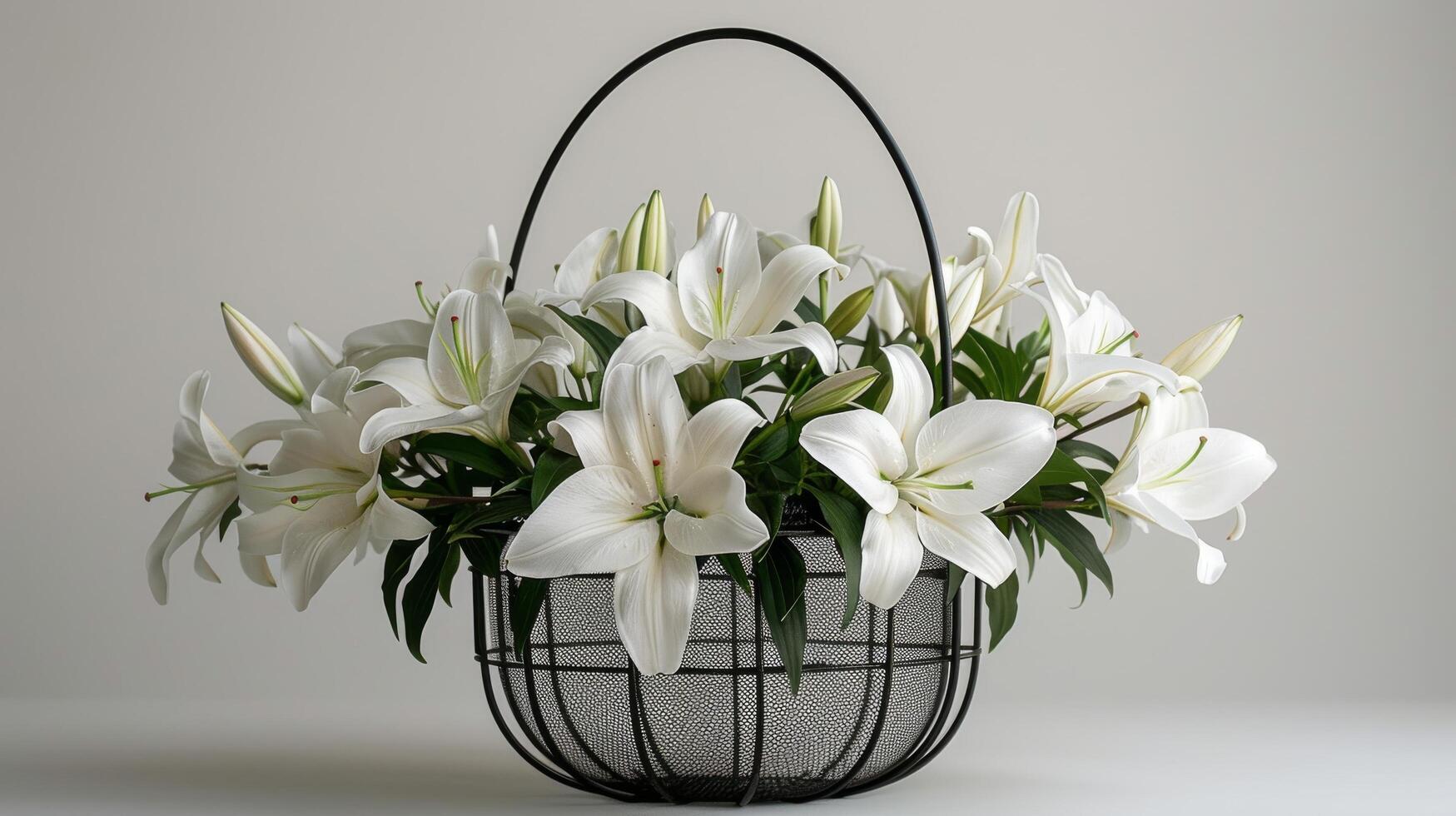 ai généré élégant blanc fleurs de lys dans une moderne métal panier photo