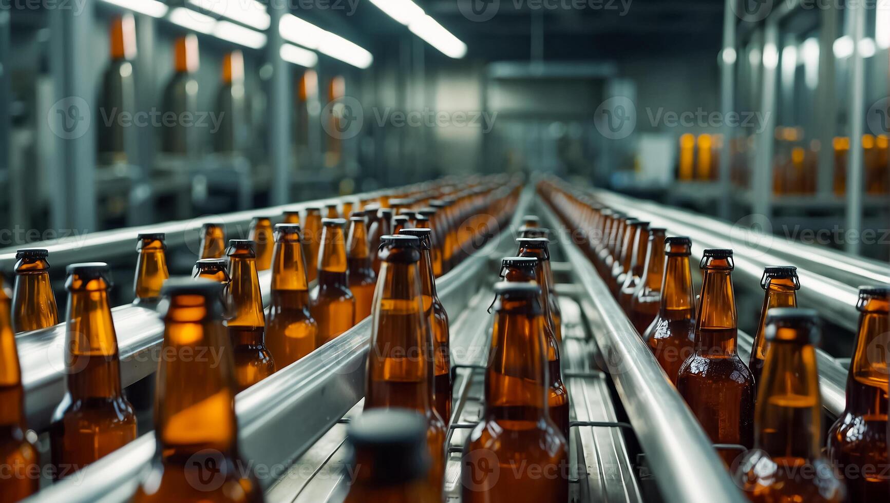 ai généré verre Bière bouteilles sur une convoyeur ceinture photo