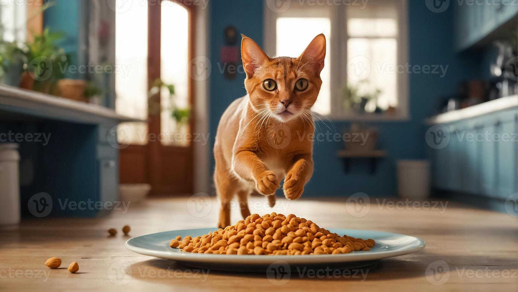 ai généré mignonne chat faim avec sec nourriture Accueil photo