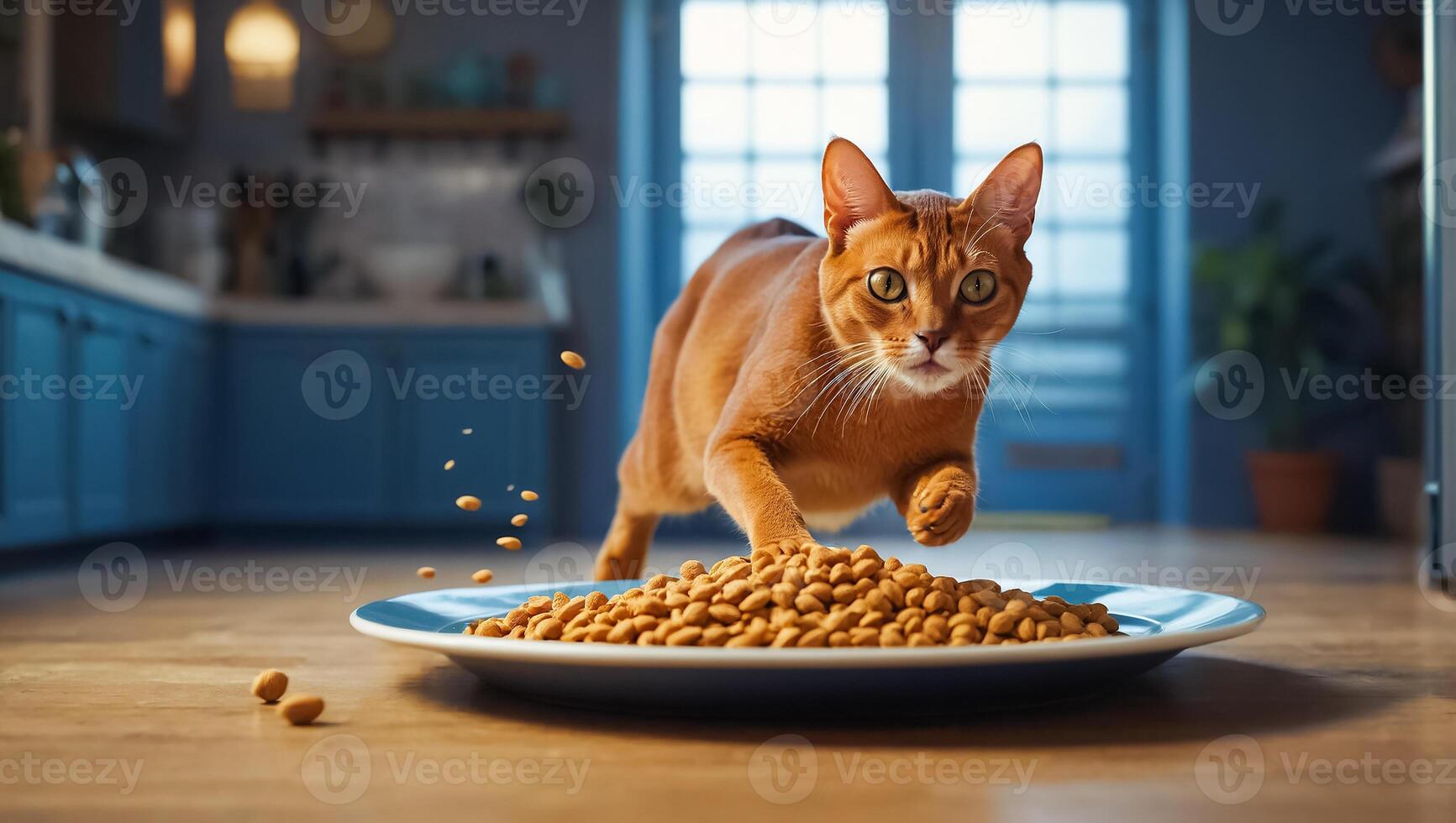 ai généré mignonne chat faim avec sec nourriture Accueil photo