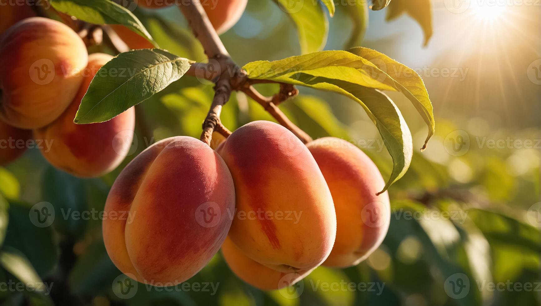 ai généré mûr les pêches sur une branche dans le jardin photo