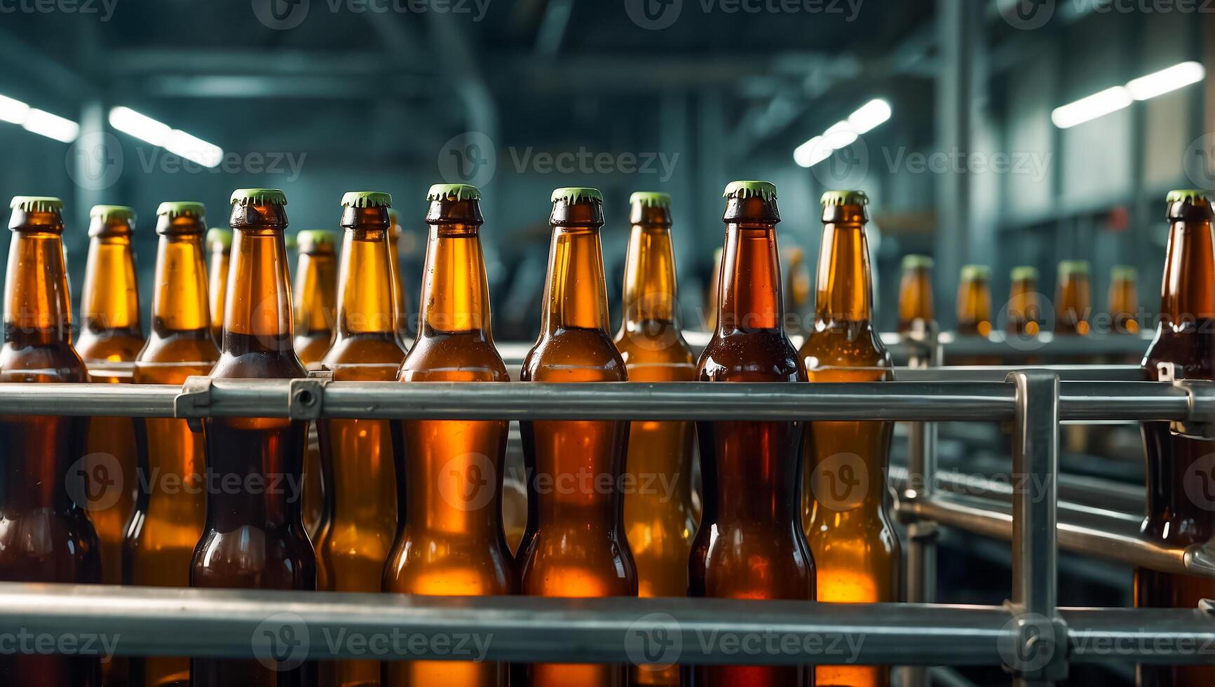 ai généré verre Bière bouteilles sur une convoyeur ceinture photo