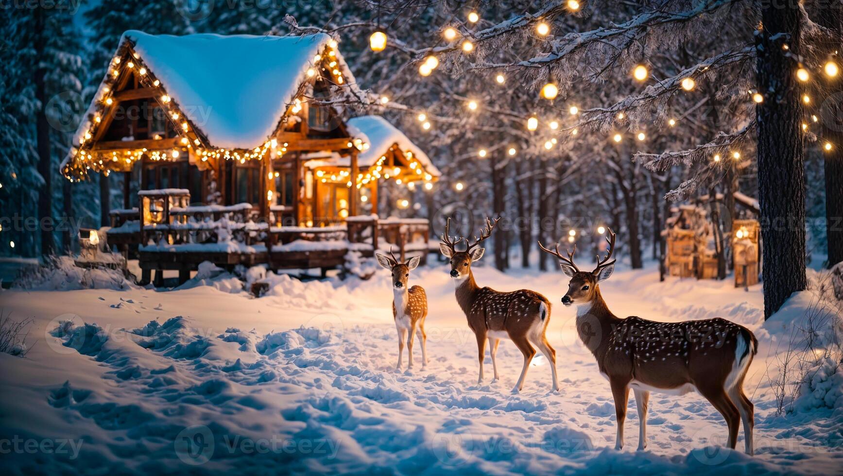 ai généré mignonne cerf hiver maison photo