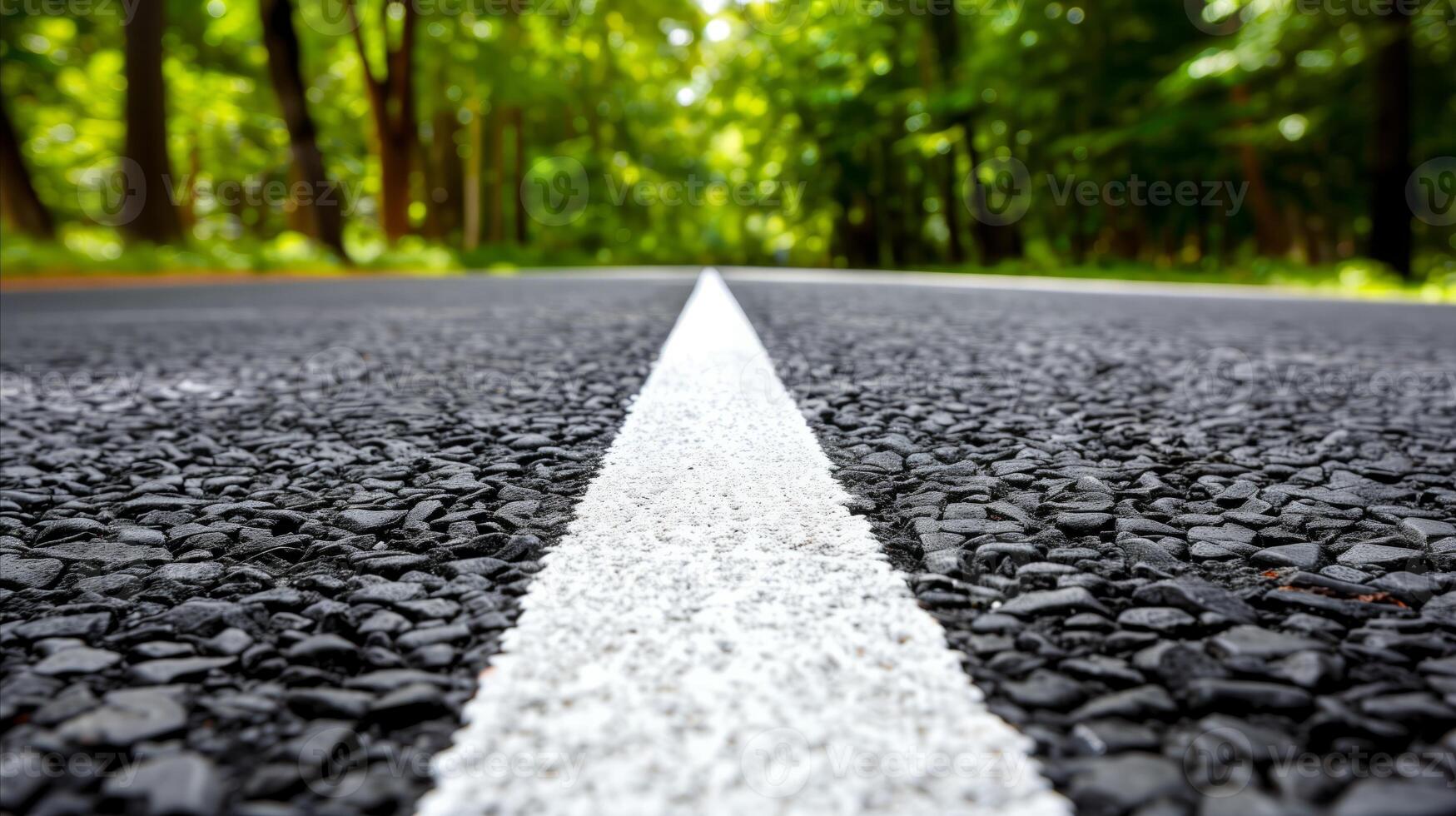 ai généré vide route avec blanc ligne de premier plan par une vert forêt photo