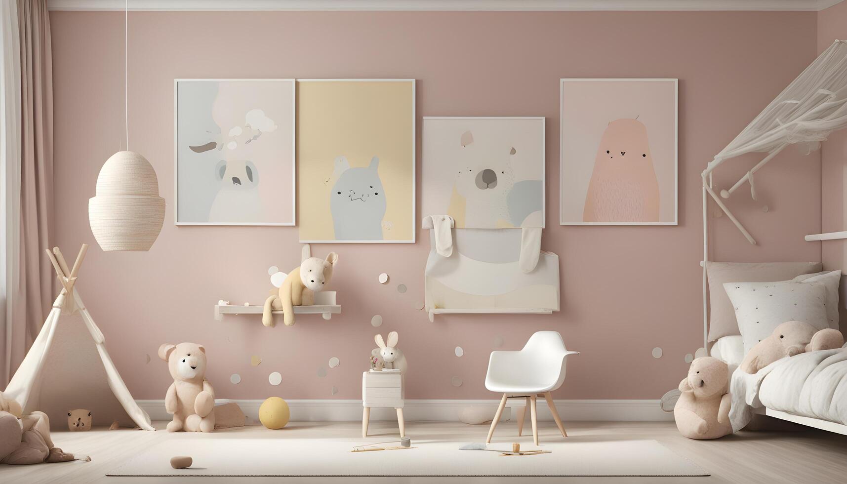 ai généré une rose et blanc enfants pièce avec une blanc chaise, une nounours ours et une mur photo