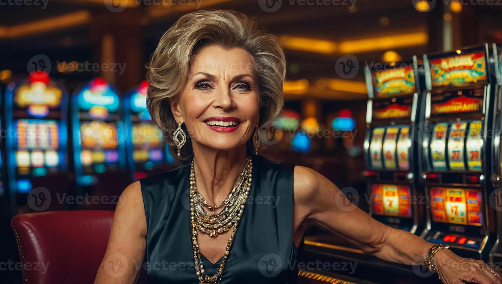 ai généré magnifique personnes âgées femme en jouant casino fente machine photo