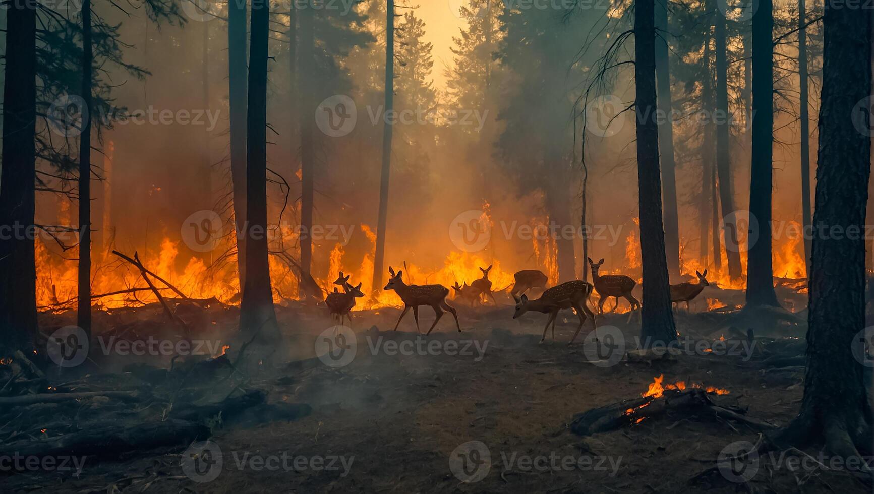 ai généré cerf forêt feu, des arbres dans fumée, flammes photo