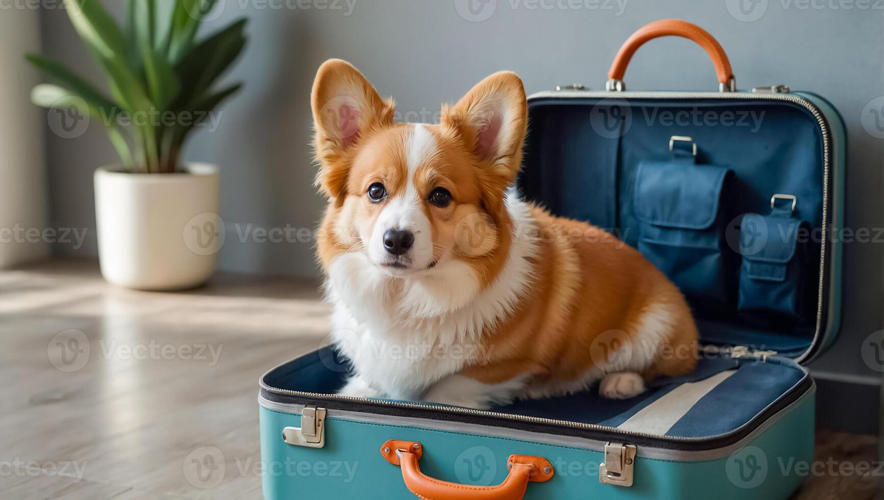 ai généré mignonne chien avec une valise dans le appartement photo