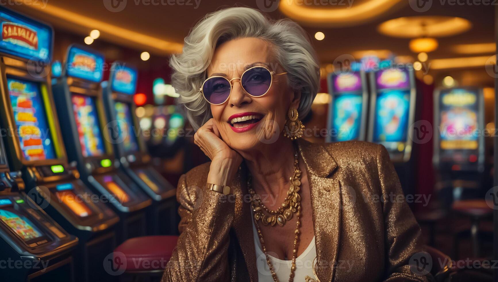 ai généré magnifique personnes âgées femme en jouant casino fente machine photo