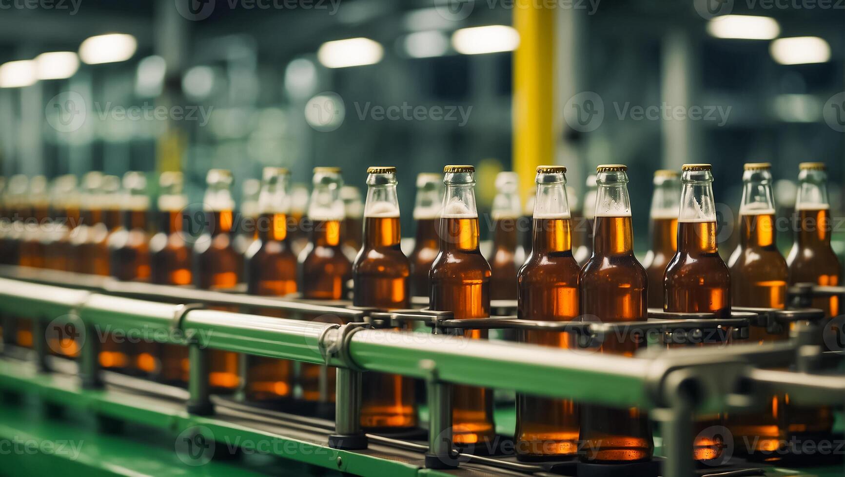 ai généré verre Bière bouteilles sur une convoyeur ceinture photo