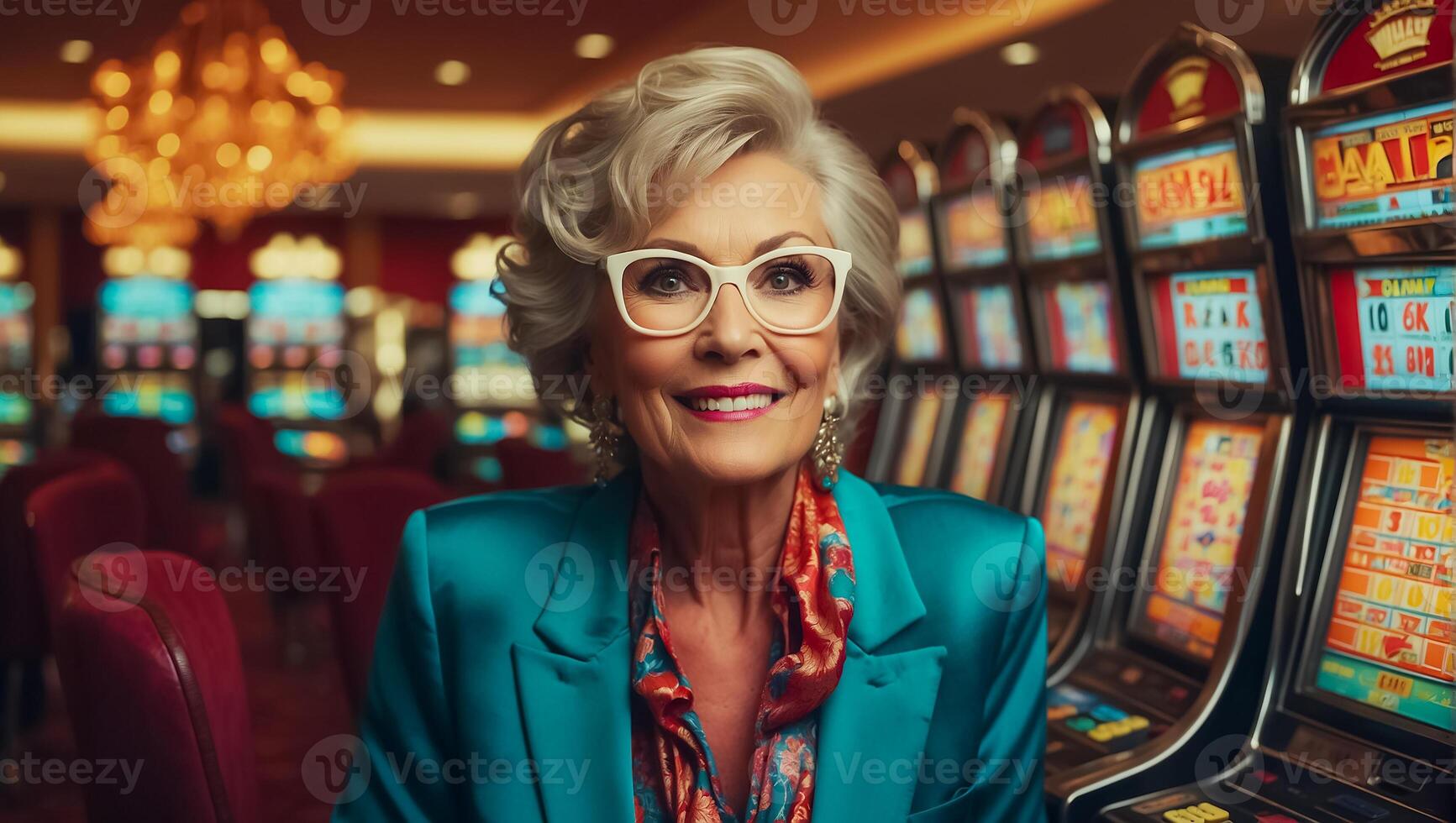 ai généré magnifique personnes âgées femme en jouant casino fente machine photo