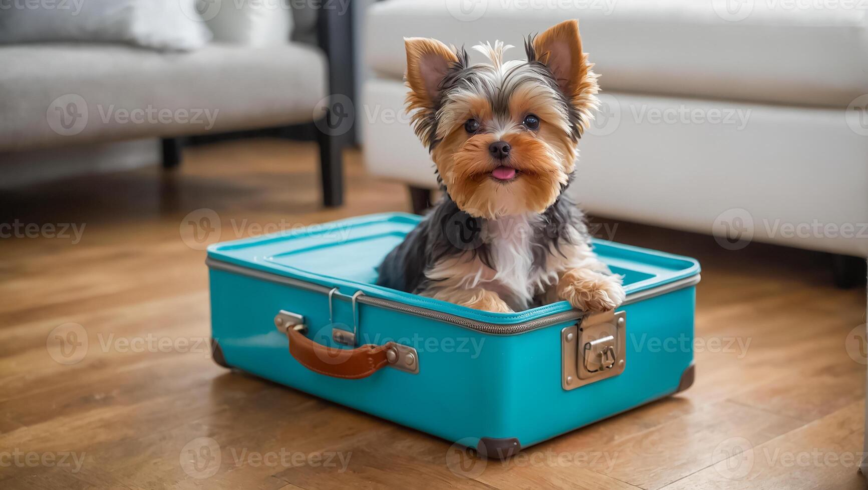 ai généré mignonne chien avec une valise dans le appartement photo