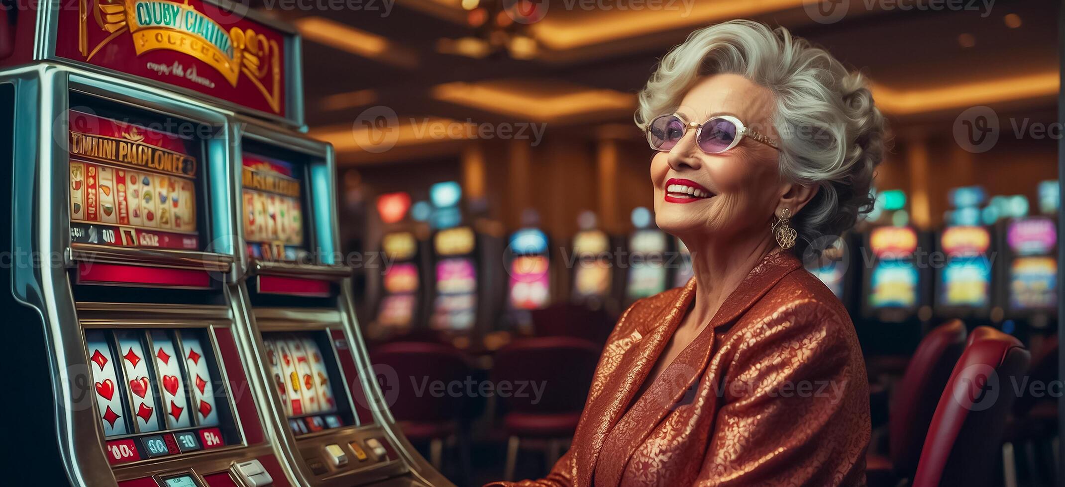ai généré magnifique personnes âgées femme en jouant casino fente machine photo