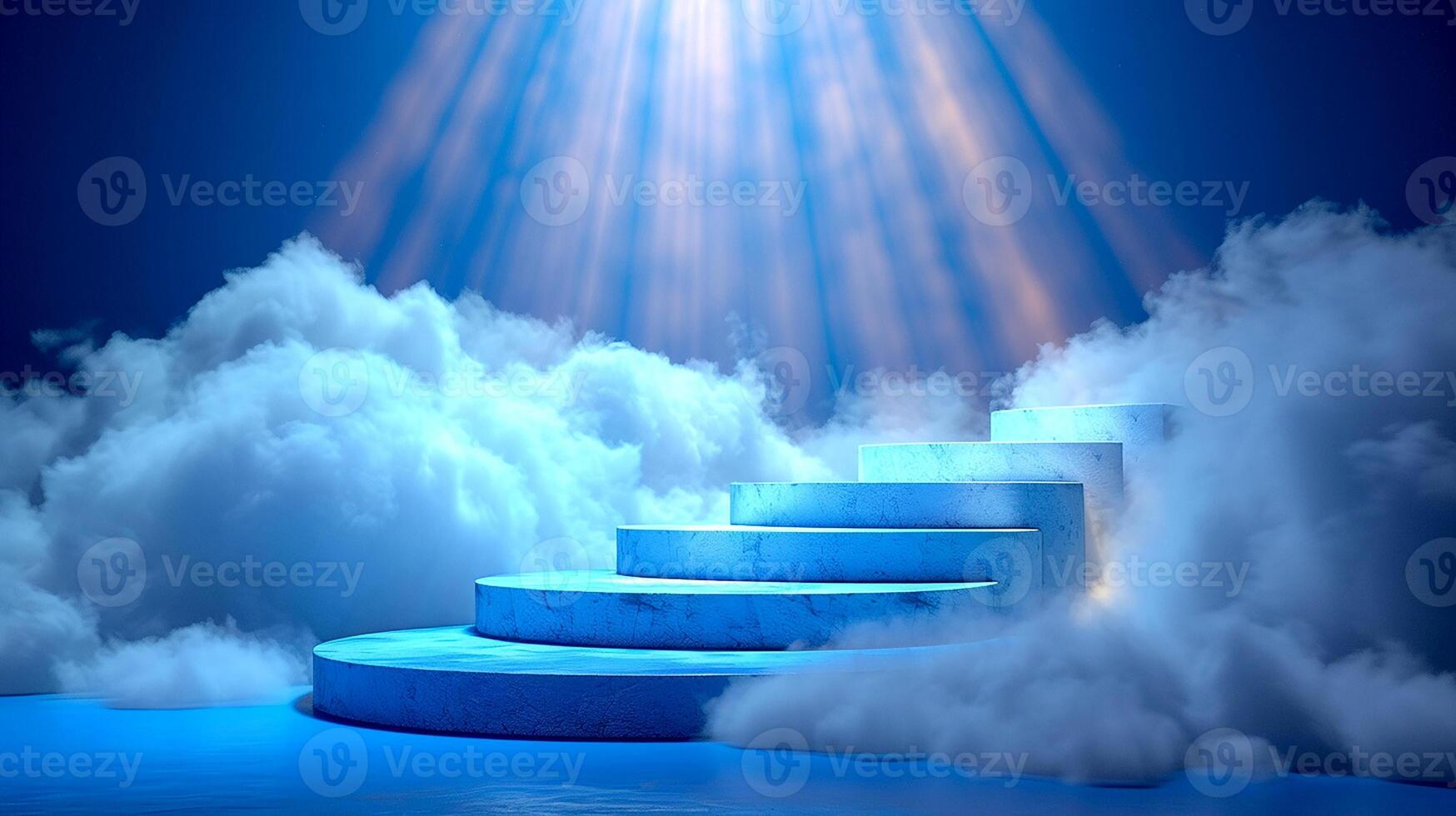 ai généré une escalier de premier plan à le des nuages avec une brillant lumière brillant vers le bas photo