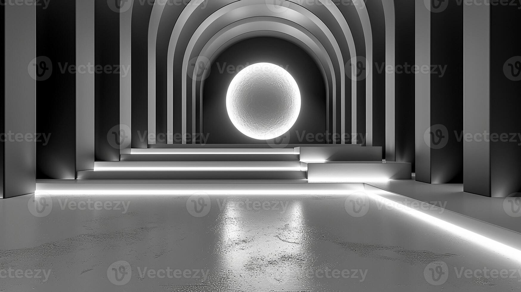 ai généré une noir et blanc photo de une pièce avec une circulaire lumière