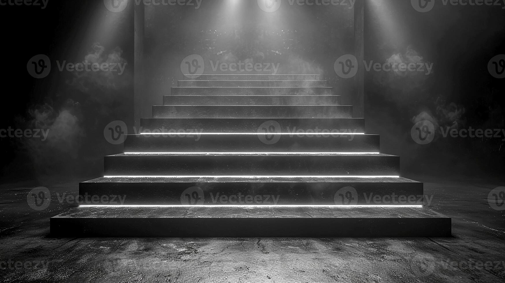 ai généré noir et blanc photo de escaliers avec lumière à venir de au dessus