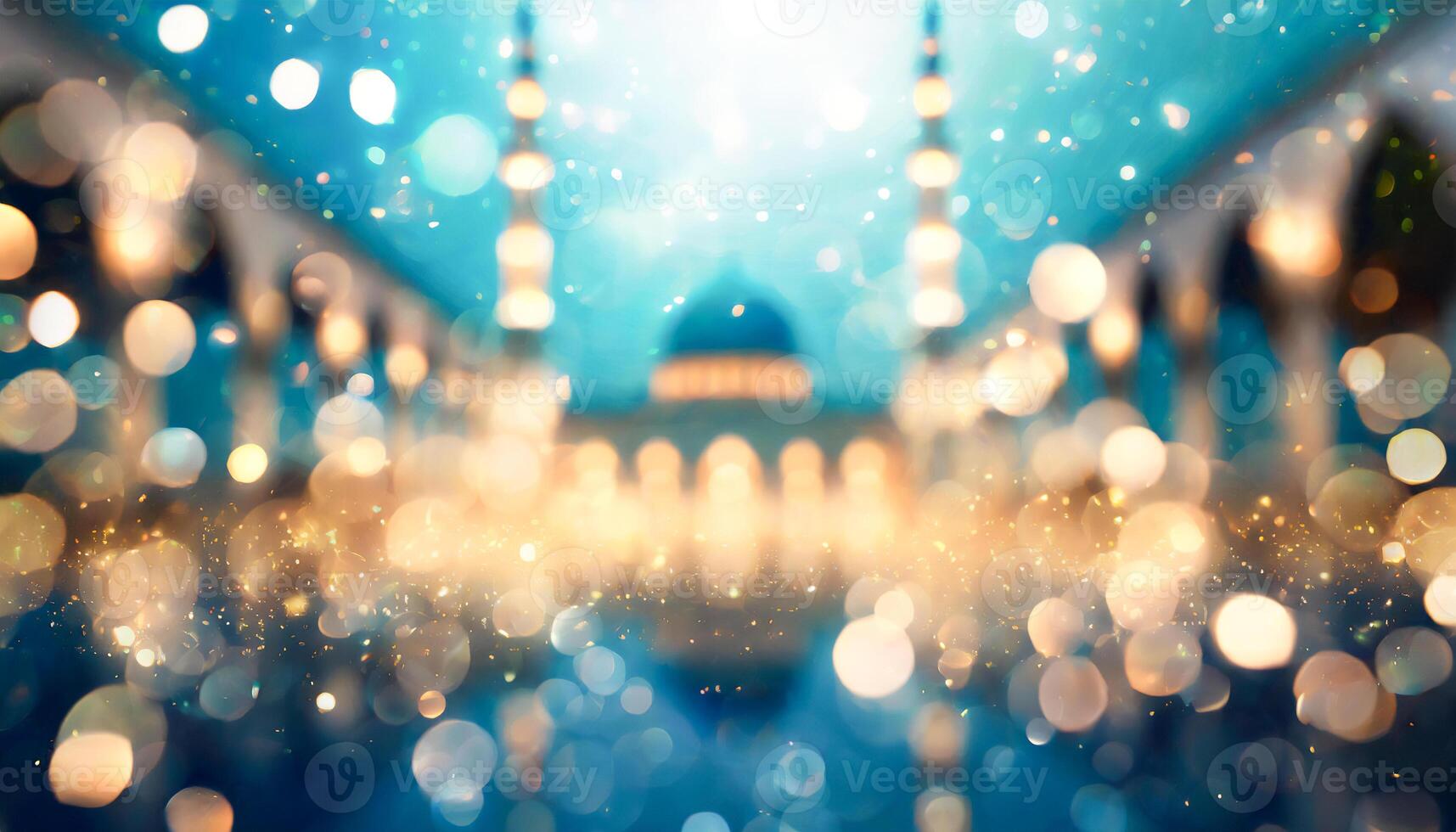 ai généré bokeh lumières éclairant une serein flou mosquée intérieur avec arqué les fenêtres et une en bois sol, super large. photo