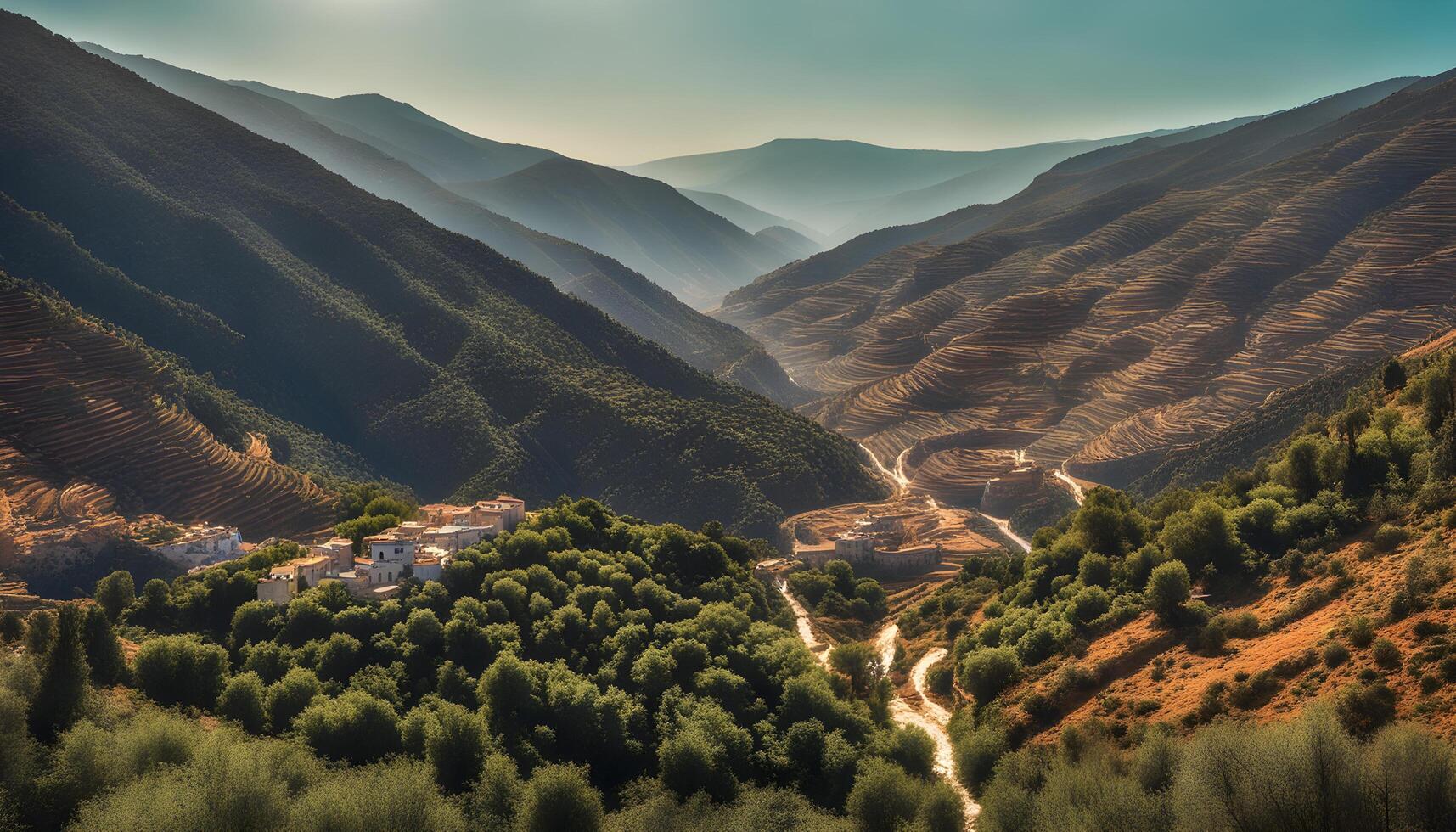 ai généré une vallée avec une petit village dans le montagnes photo