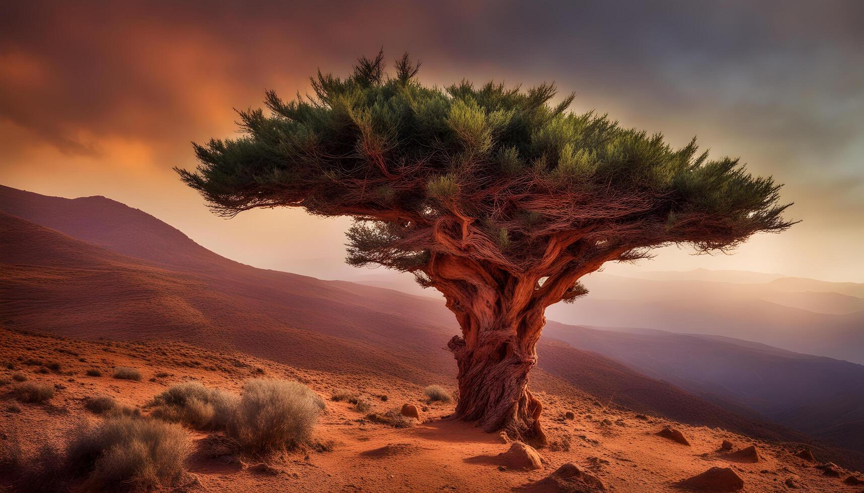 ai généré une seul arbre des stands dans le milieu de une désert photo