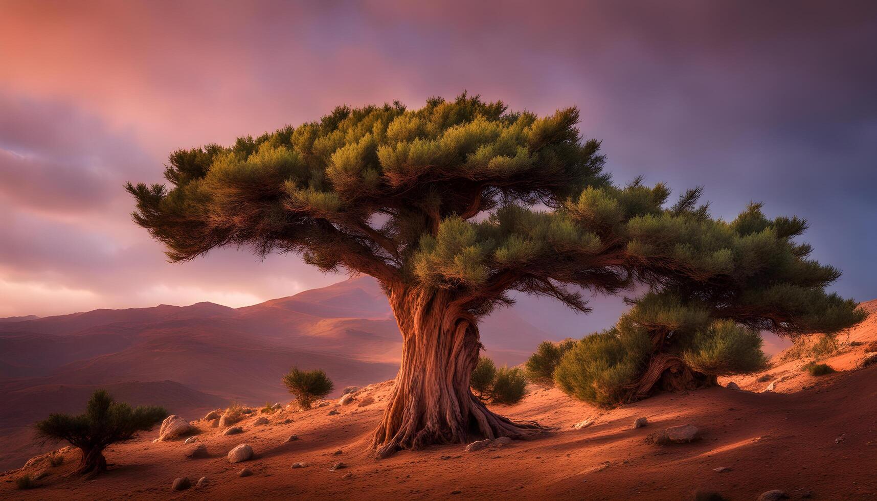 ai généré une seul arbre des stands dans le désert à le coucher du soleil photo