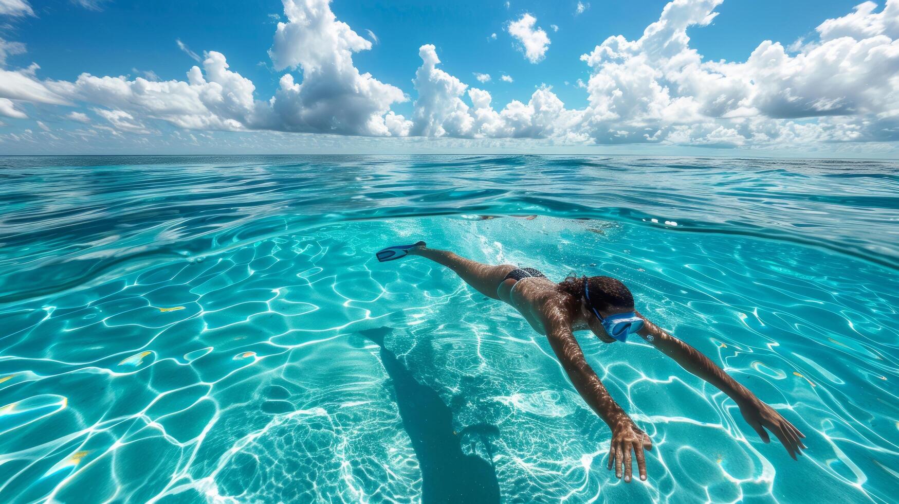 ai généré une nageur plongée dans le mer, avec clair comme de l'eau de roche l'eau et une brillant bleu ciel photo