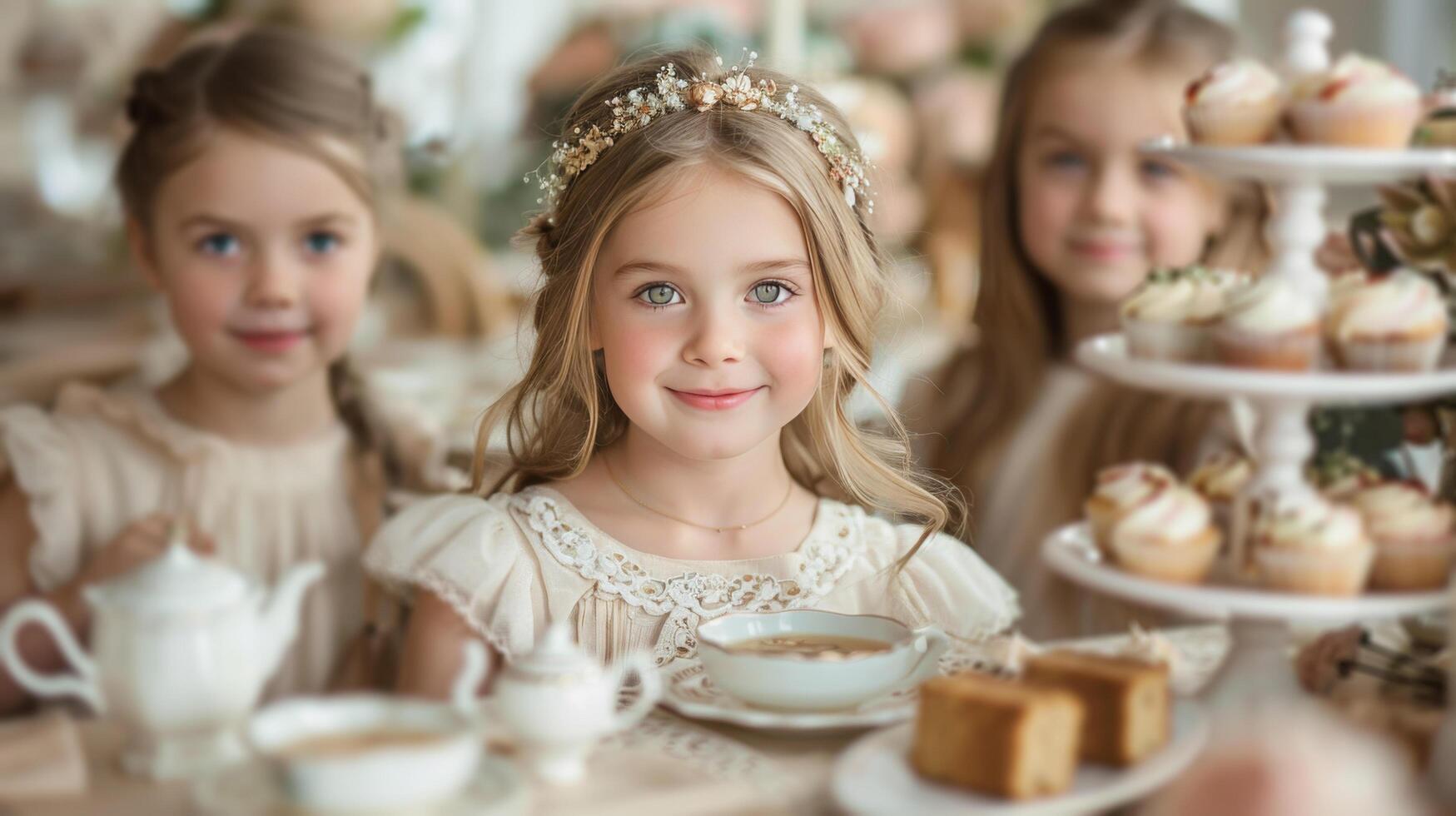 ai généré groupe de Jeune les filles séance à une table photo