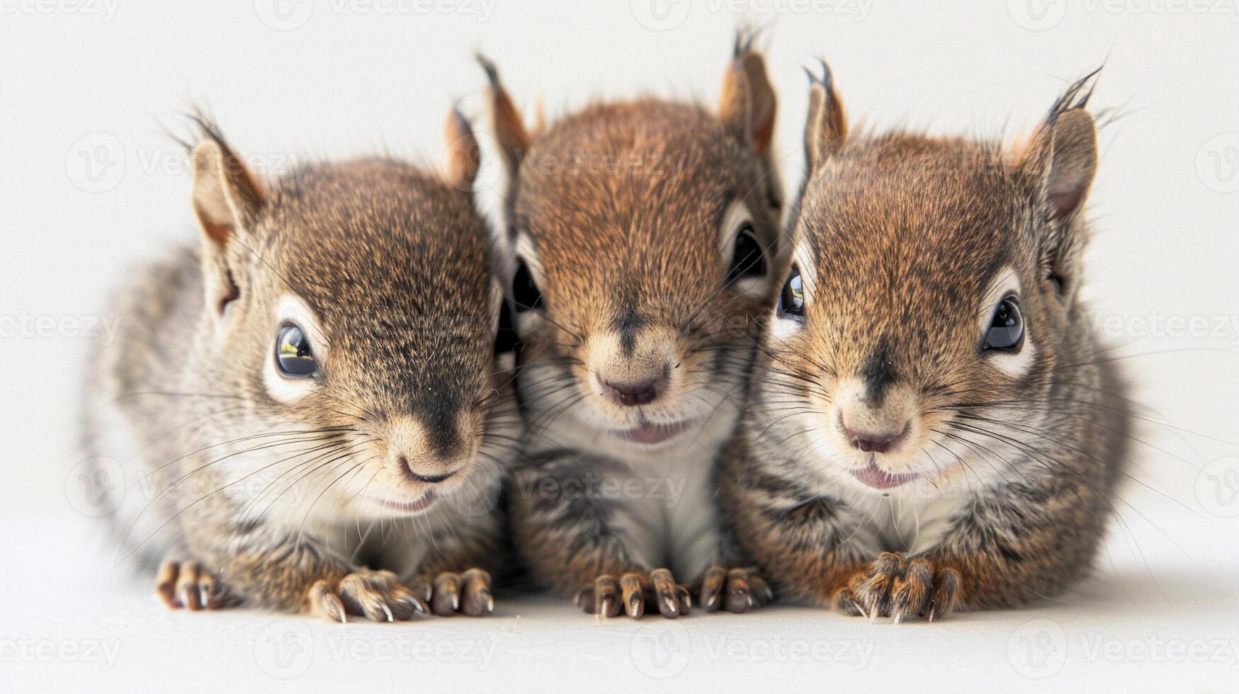 ai généré sucré écureuils, une trio de sucré écureuil kits câliné en haut ensemble sur une blanc arrière-plan, avec duveteux queues et brillant yeux, Contexte image, génératif ai photo