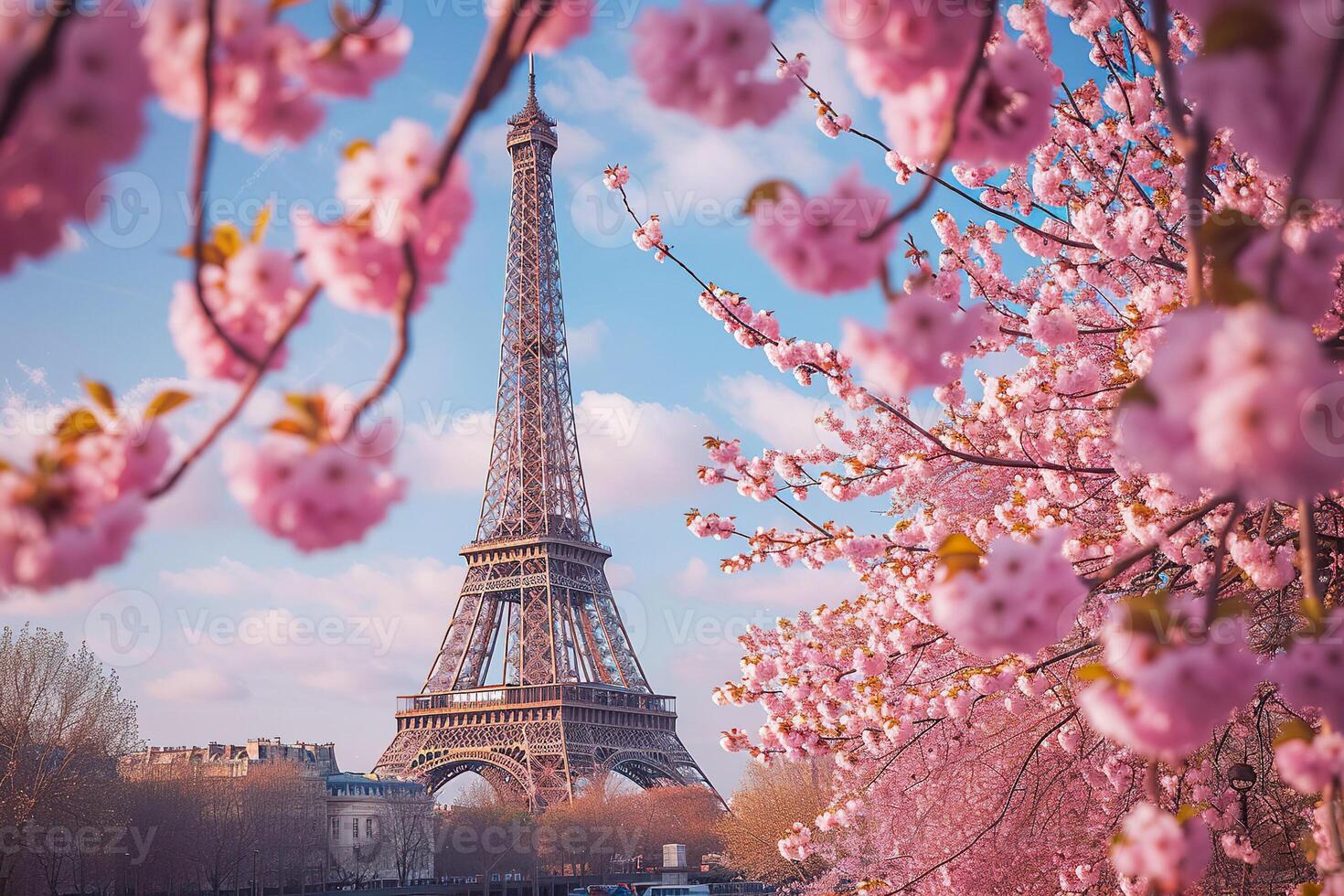ai généré Eiffel la tour encadré par printemps Cerise fleurs en dessous de une clair bleu ciel photo