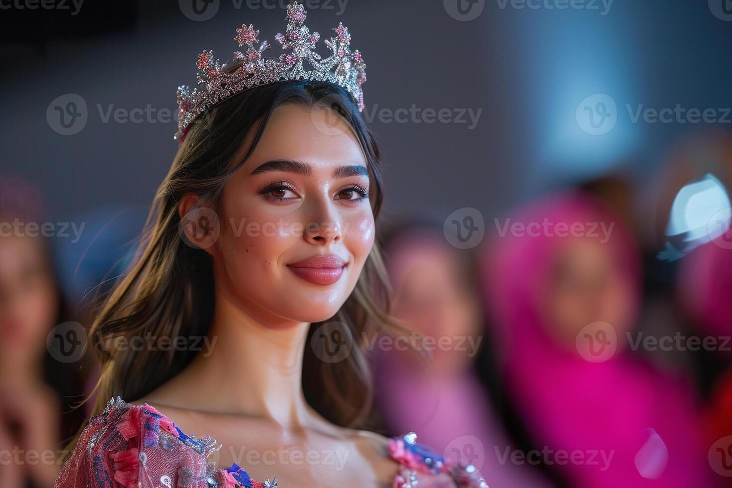 ai généré arabe 21 ans vieux beauté reine dans couronne gagnant sur étape photo