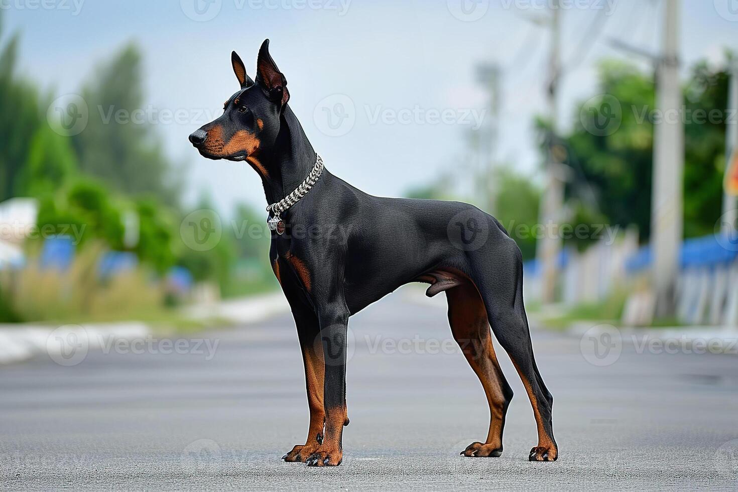 ai généré alerte doberman pinscher permanent attentivement sur sentier en plein air photo