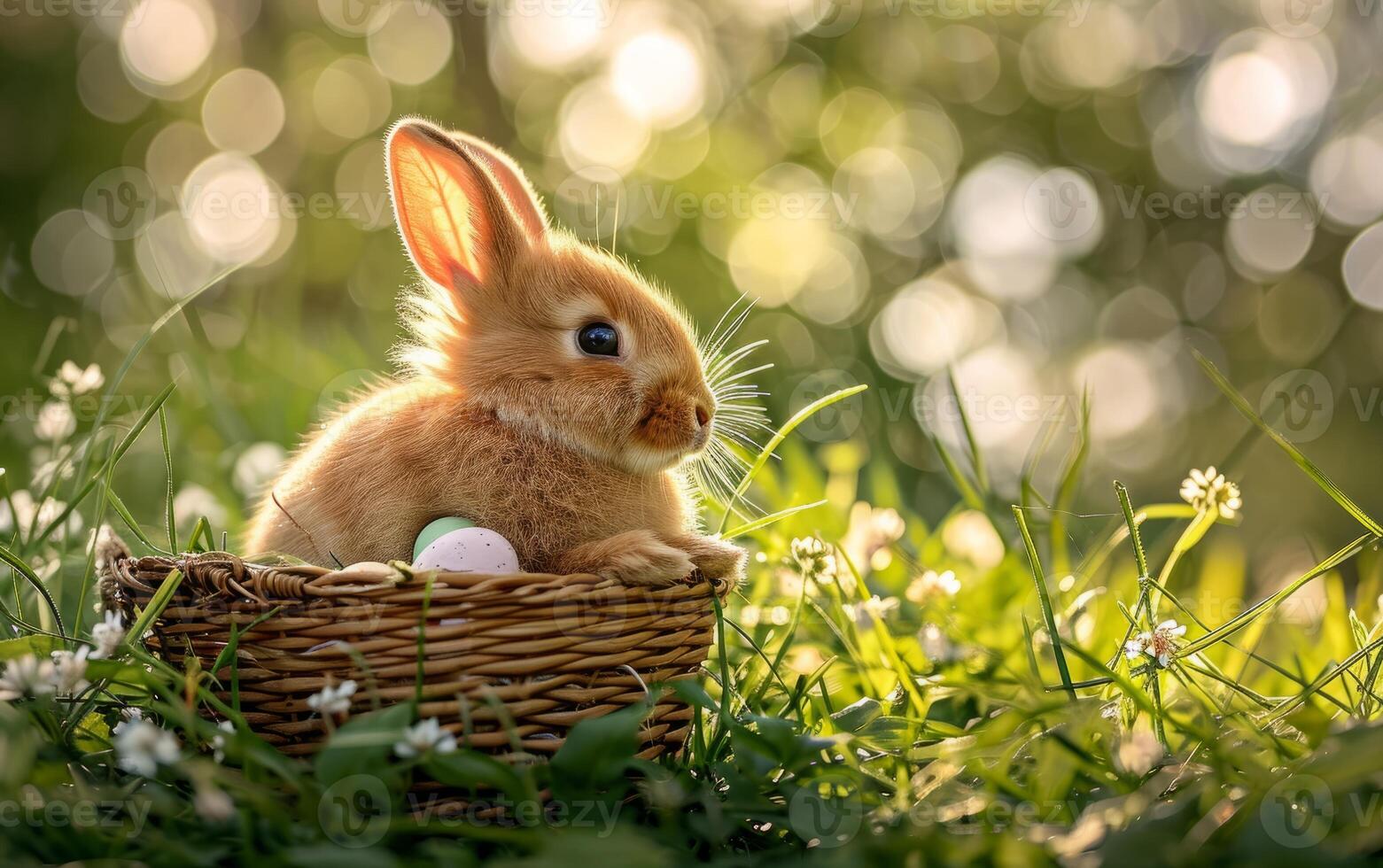 ai généré lapin entouré par Pâques des œufs dans une panier photo