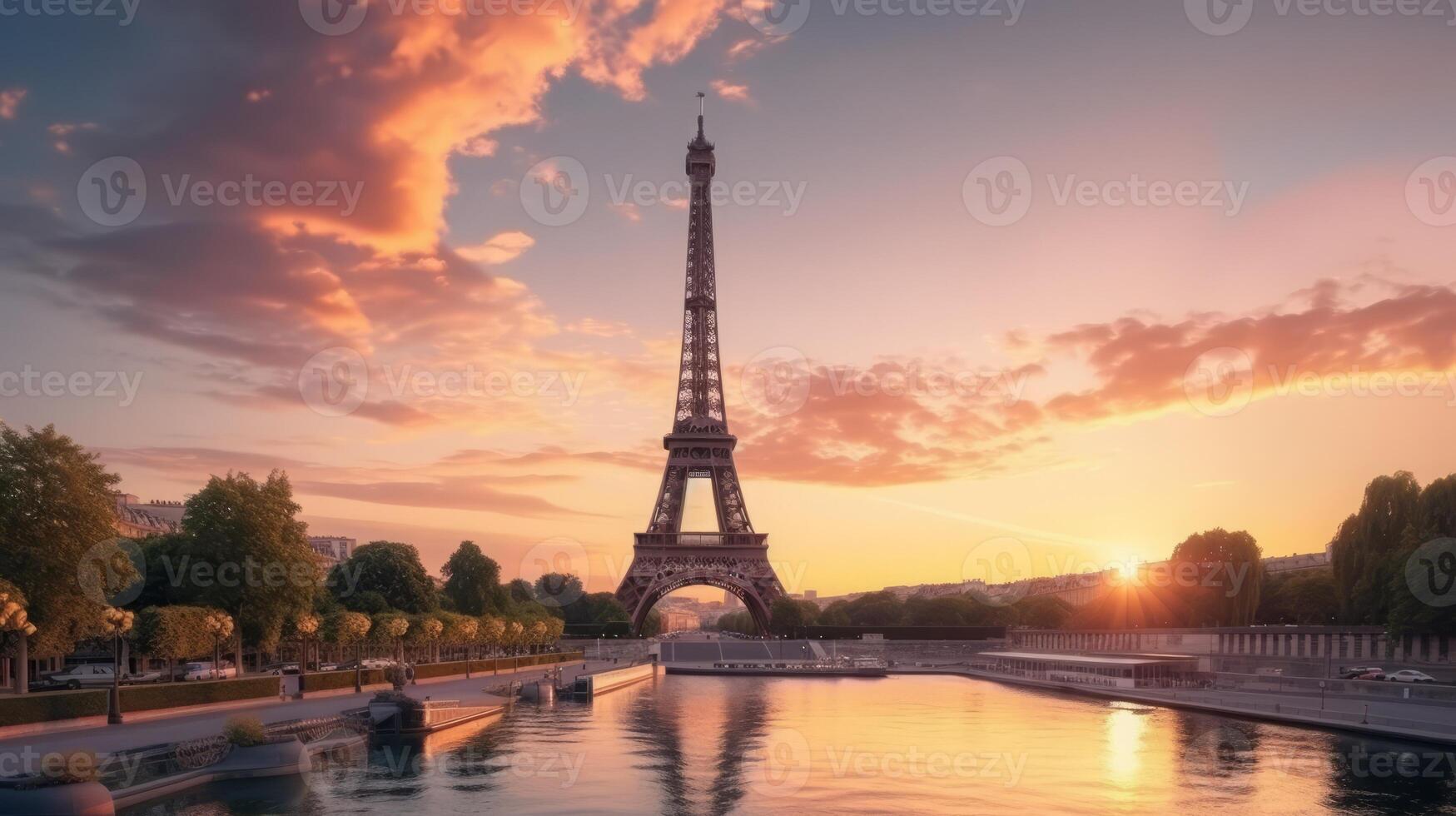 ai généré le coucher du soleil avec Eiffel la tour vue photo