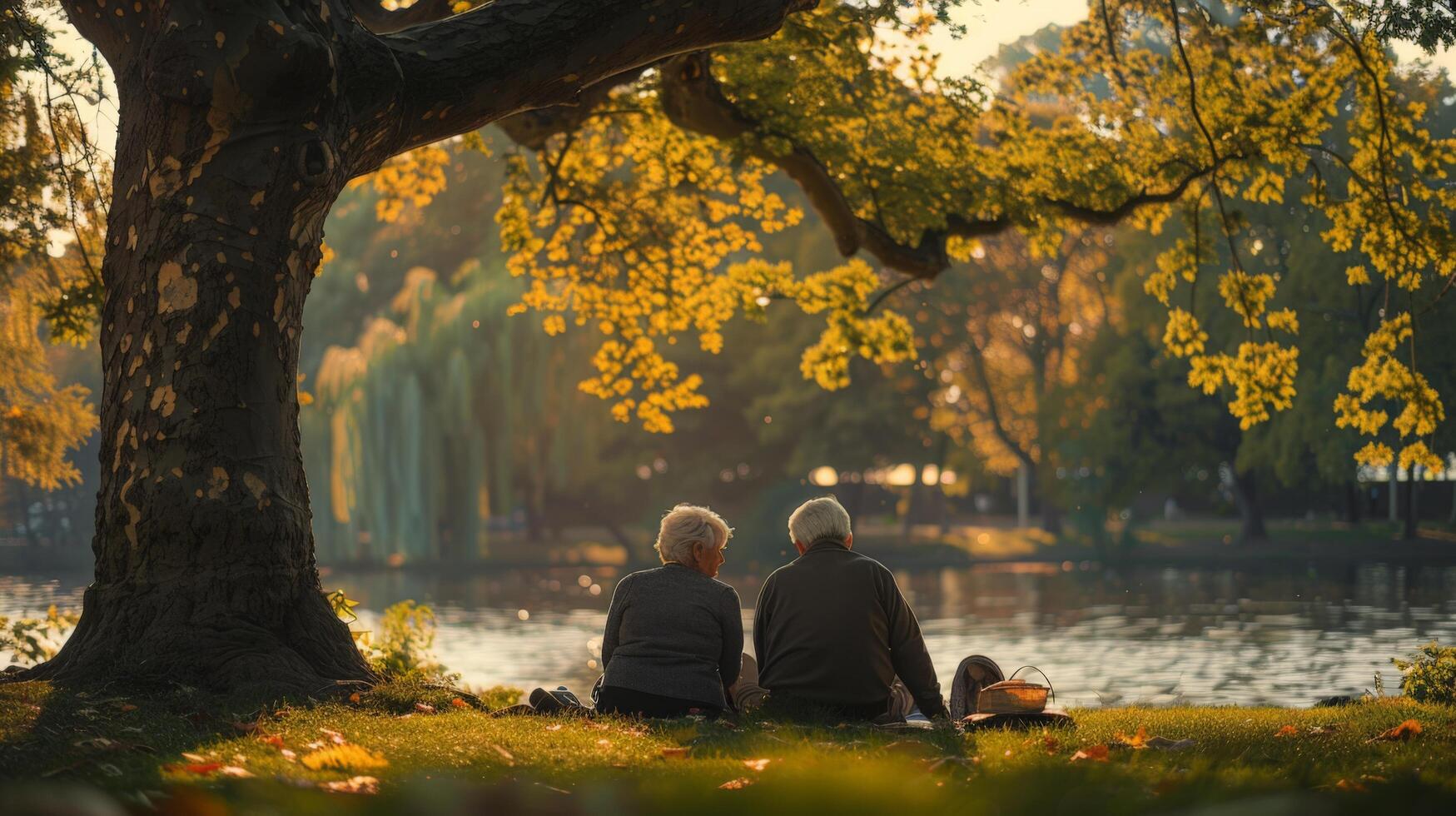 ai généré un personnes âgées couple séance sur le herbe en dessous de le ombre de une grand arbre photo