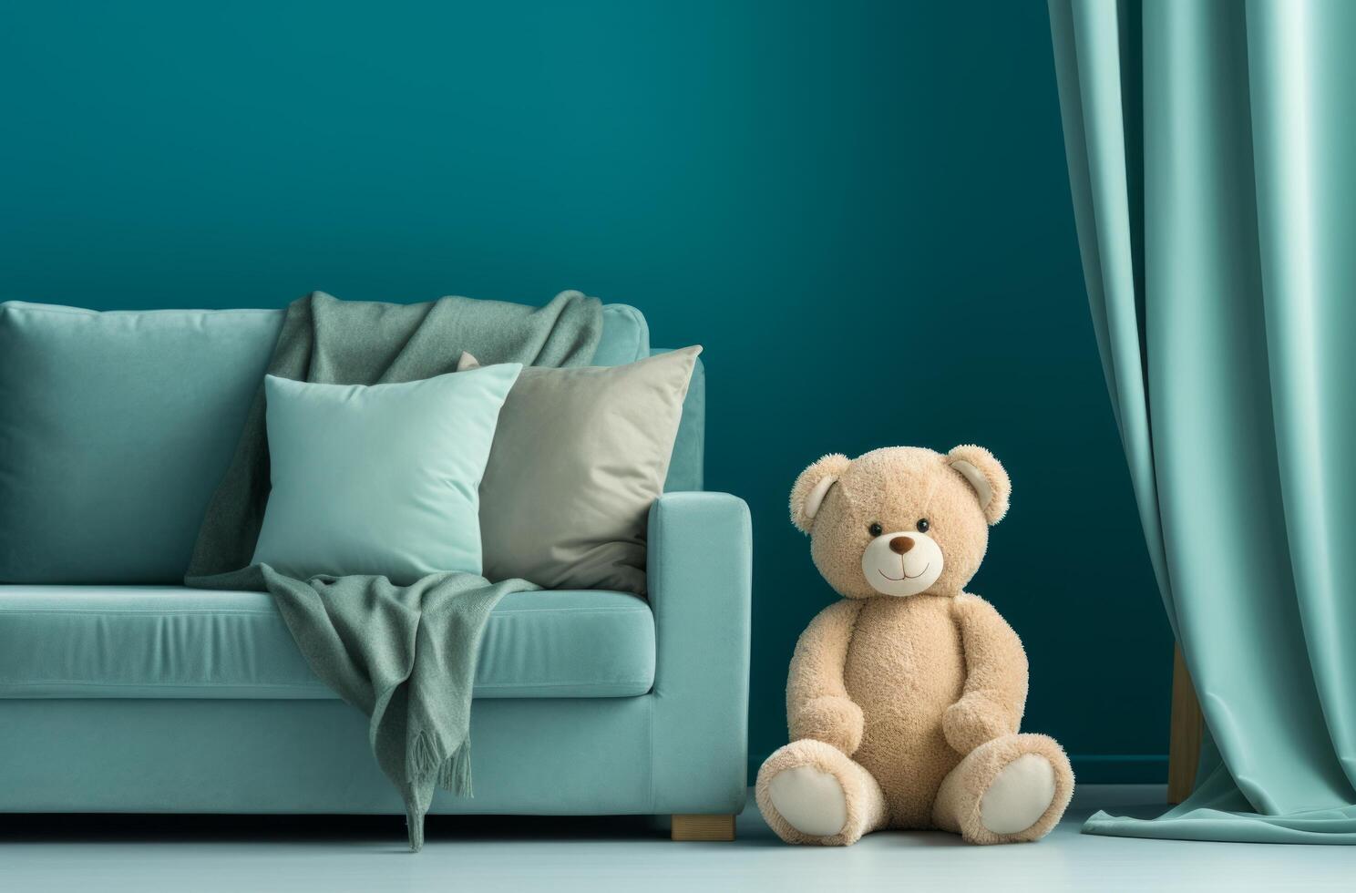 ai généré une ours dans une bleu pièce avec rideaux dans le coin photo