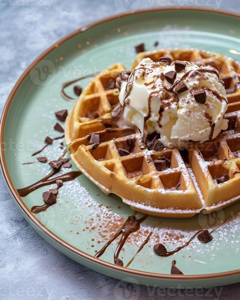 ai généré gaufre avec la glace crème et Chocolat sur Haut sur une lumière vert assiette photo