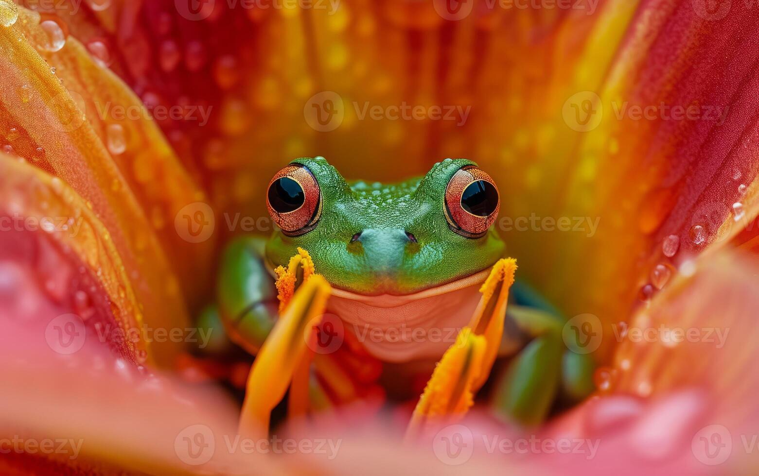 ai généré intime vue de une vert grenouille niché dans intense Orange fleur pétales photo