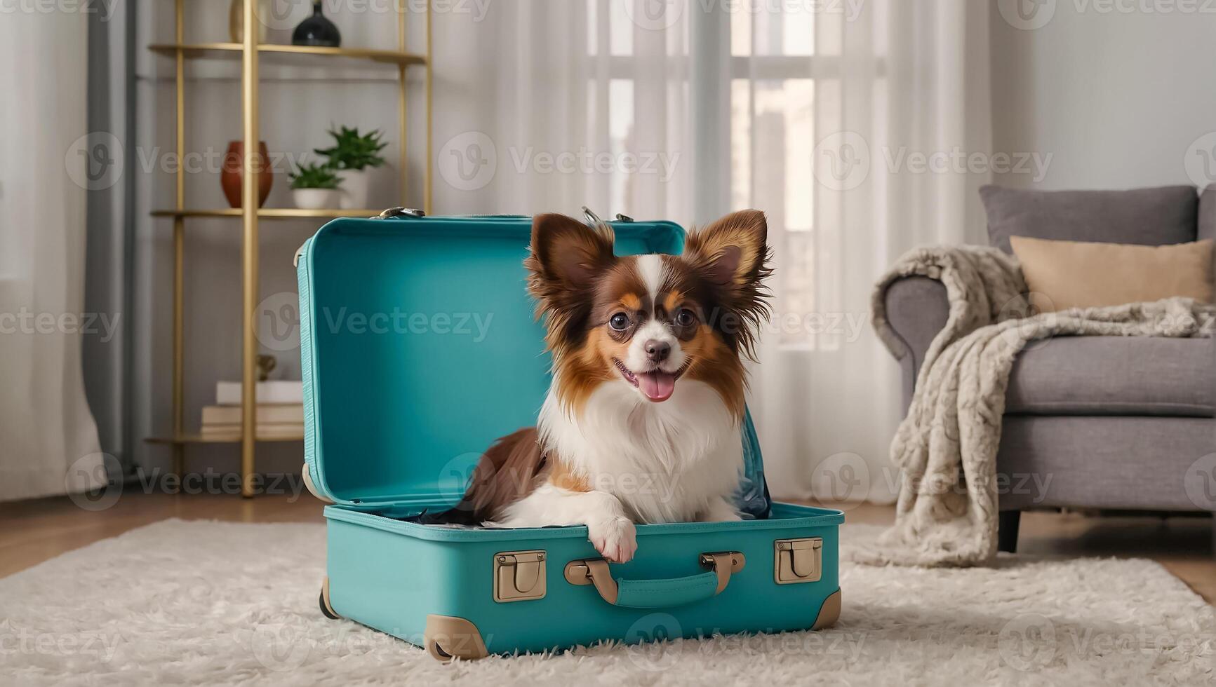 ai généré mignonne chien avec une valise dans le appartement photo