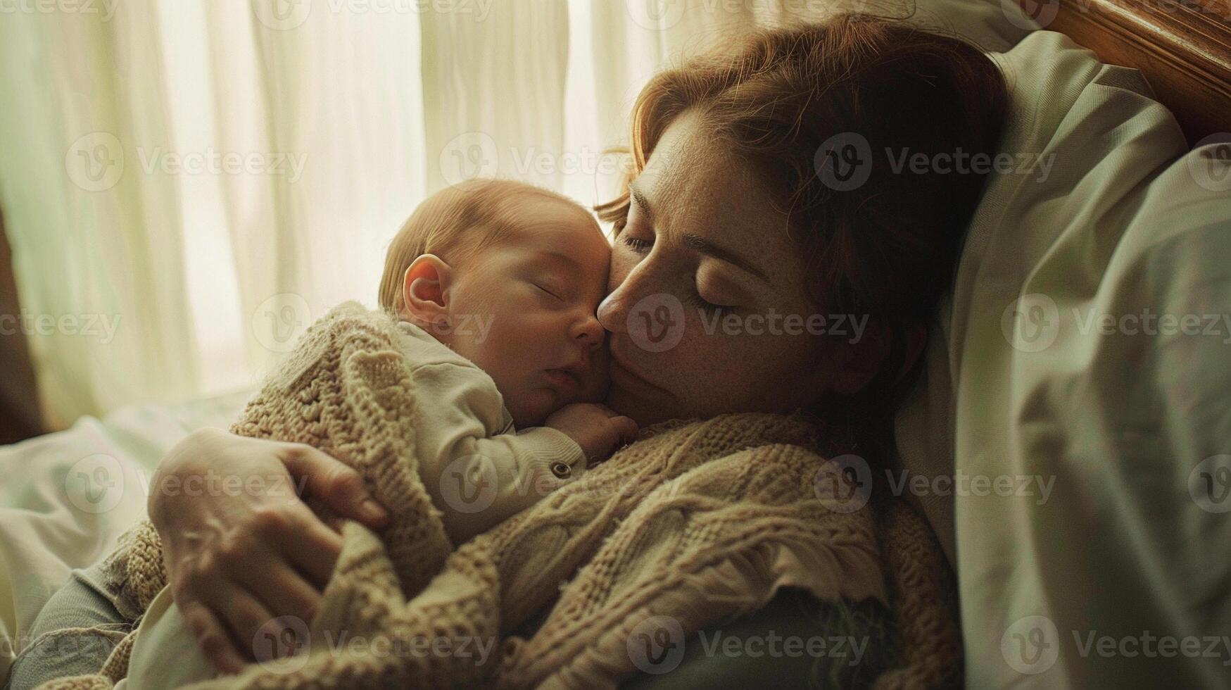 ai généré mère berceau sa nouveau née bébé dans sa bras, avec tous les deux de leur enveloppé dans une doux couverture, Contexte image, génératif ai photo