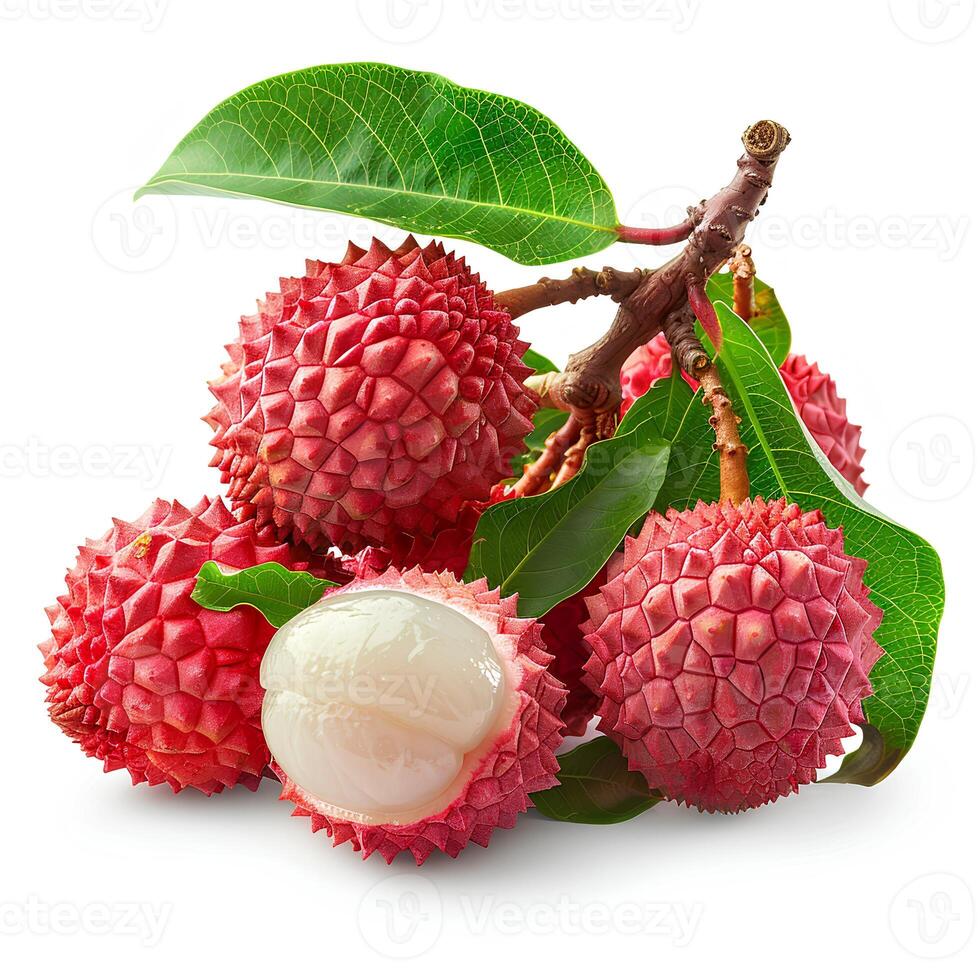 ai généré litchi fruit isolé sur blanc Contexte avec ombre. litchi Haut voir. litchi plat allonger photo