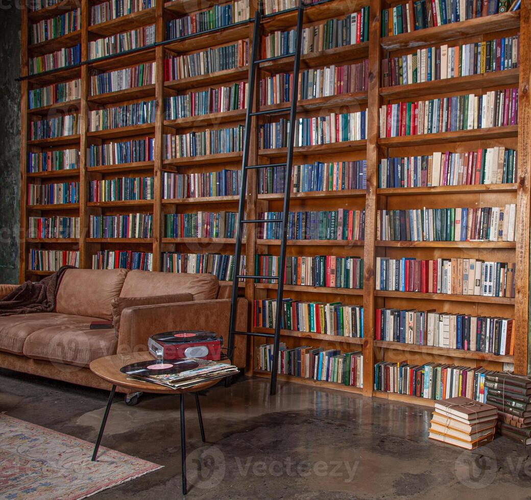 connaissance et éducation. en train de lire passe-temps. une endroit pour apprentissage et confortable solitude et relaxation. livres sur une étagère dans un vide bibliothèque. photo