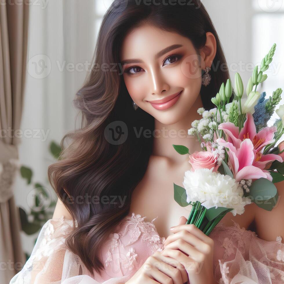 ai généré la mariée avec bouquet. asiatique modèle belle. modèle visage avec fleurs. généré ai. photo