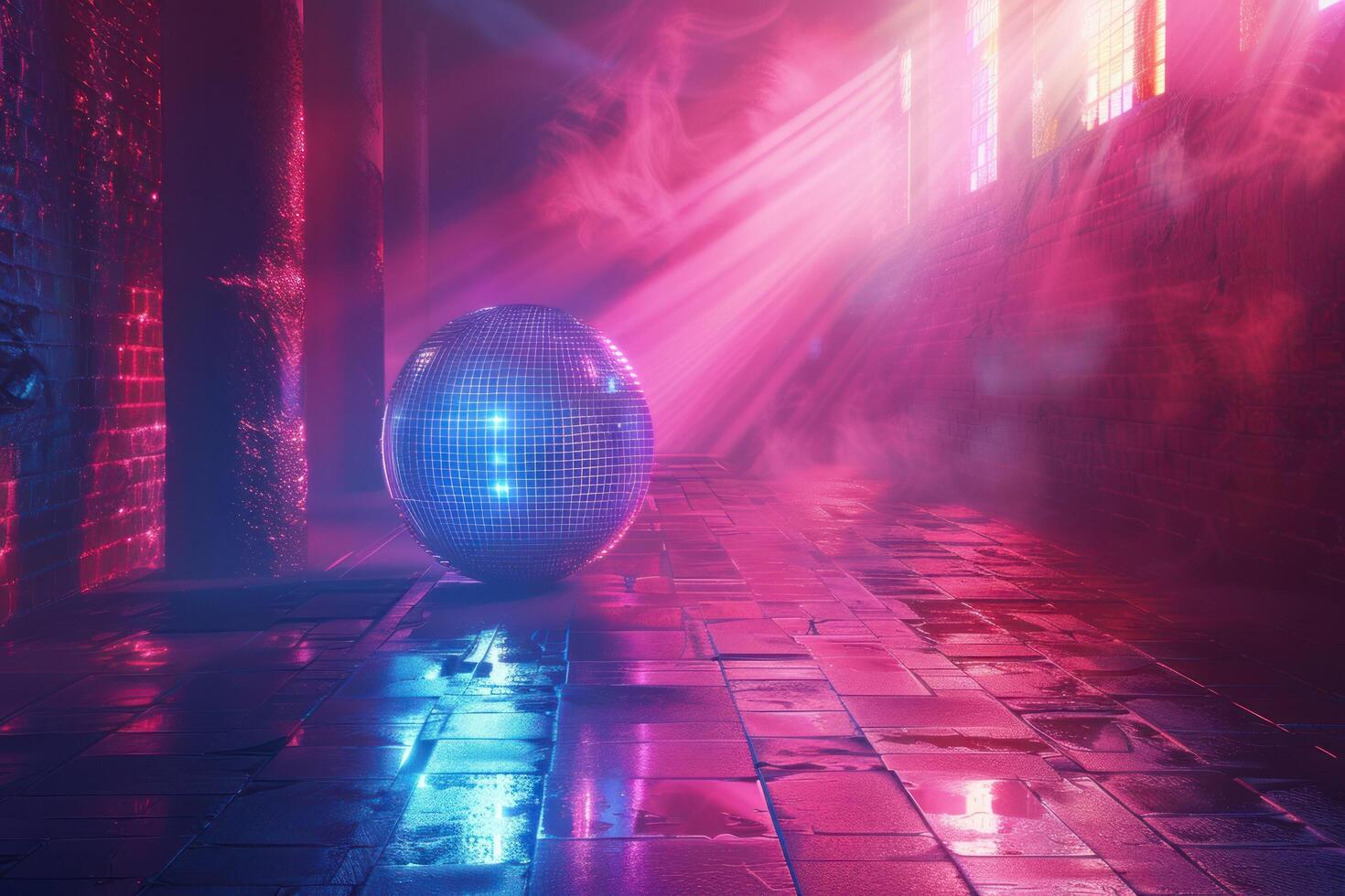 ai généré une disco Balle dans bleu lumière et rose photo