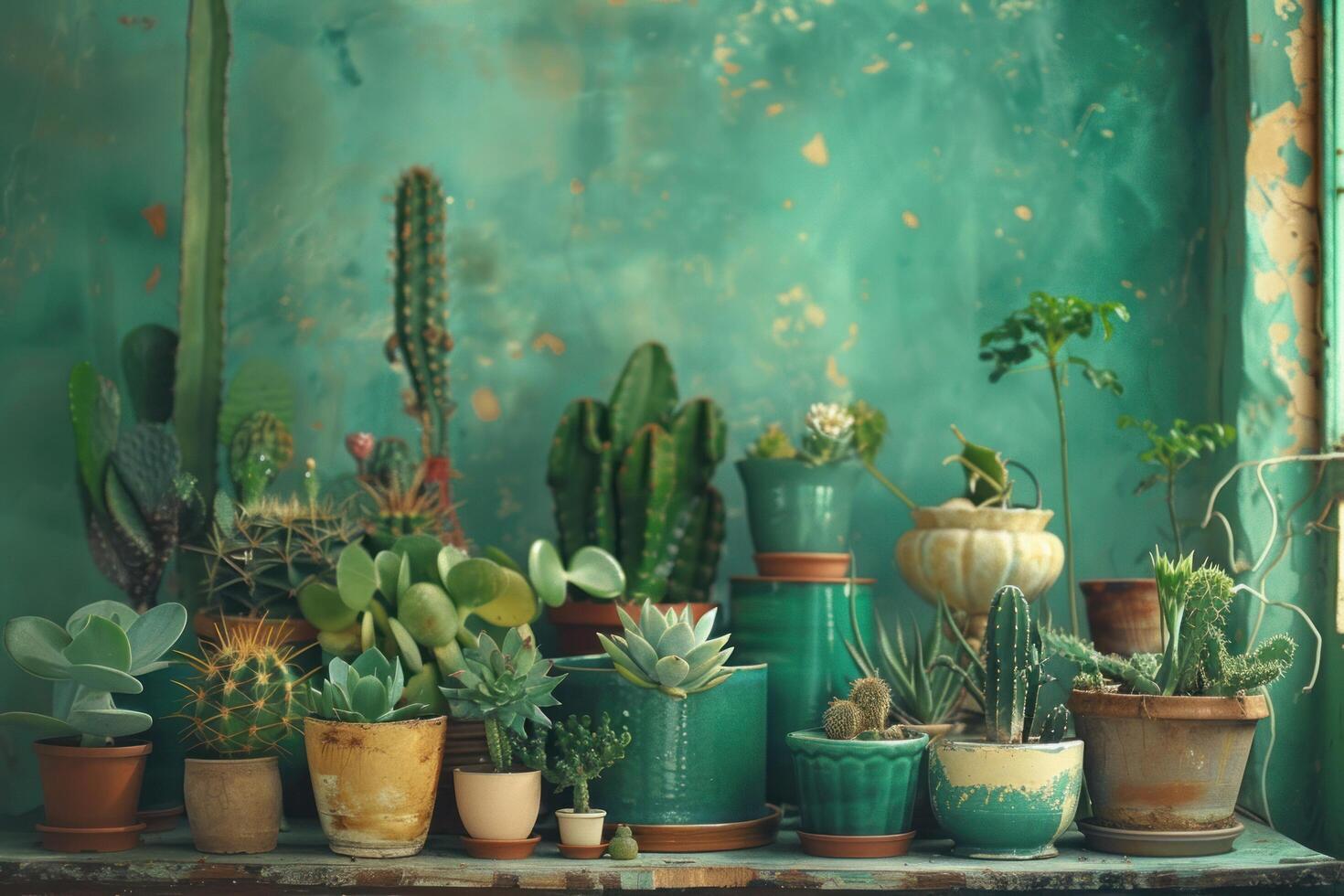 ai généré une groupe de les plantes dans divers des pots dans une décoratif pièce photo