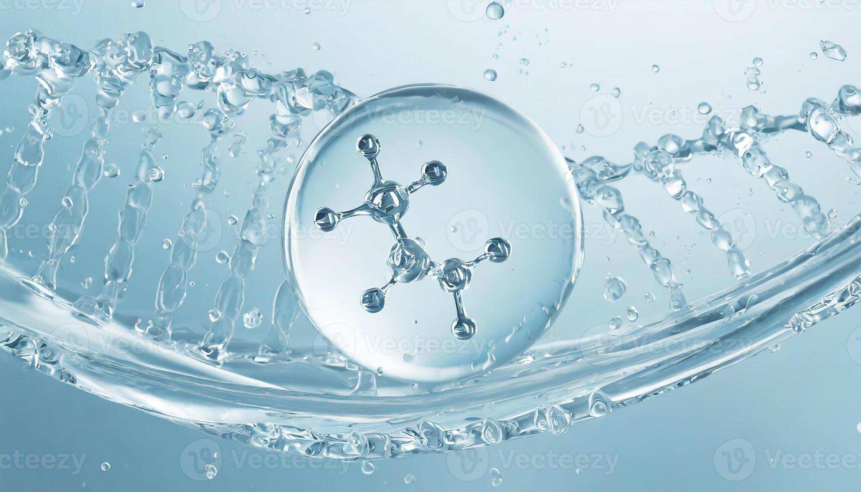 ai généré liquide bulle, une molécule à l'intérieur une liquide bulle contre une Contexte de éclabousser l'eau ADN photo