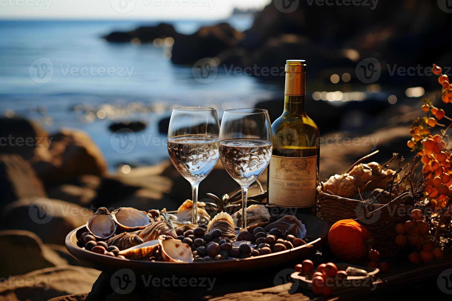 ai généré vue de une magnifique verre de du vin et certains fruit et bouteilles à le bord de mer emplacement photo