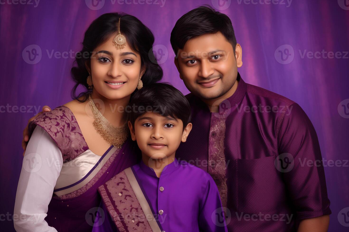 ai généré illustration photo portrait de magnifique Indien famille. Parents avec des gamins sur studio Contexte